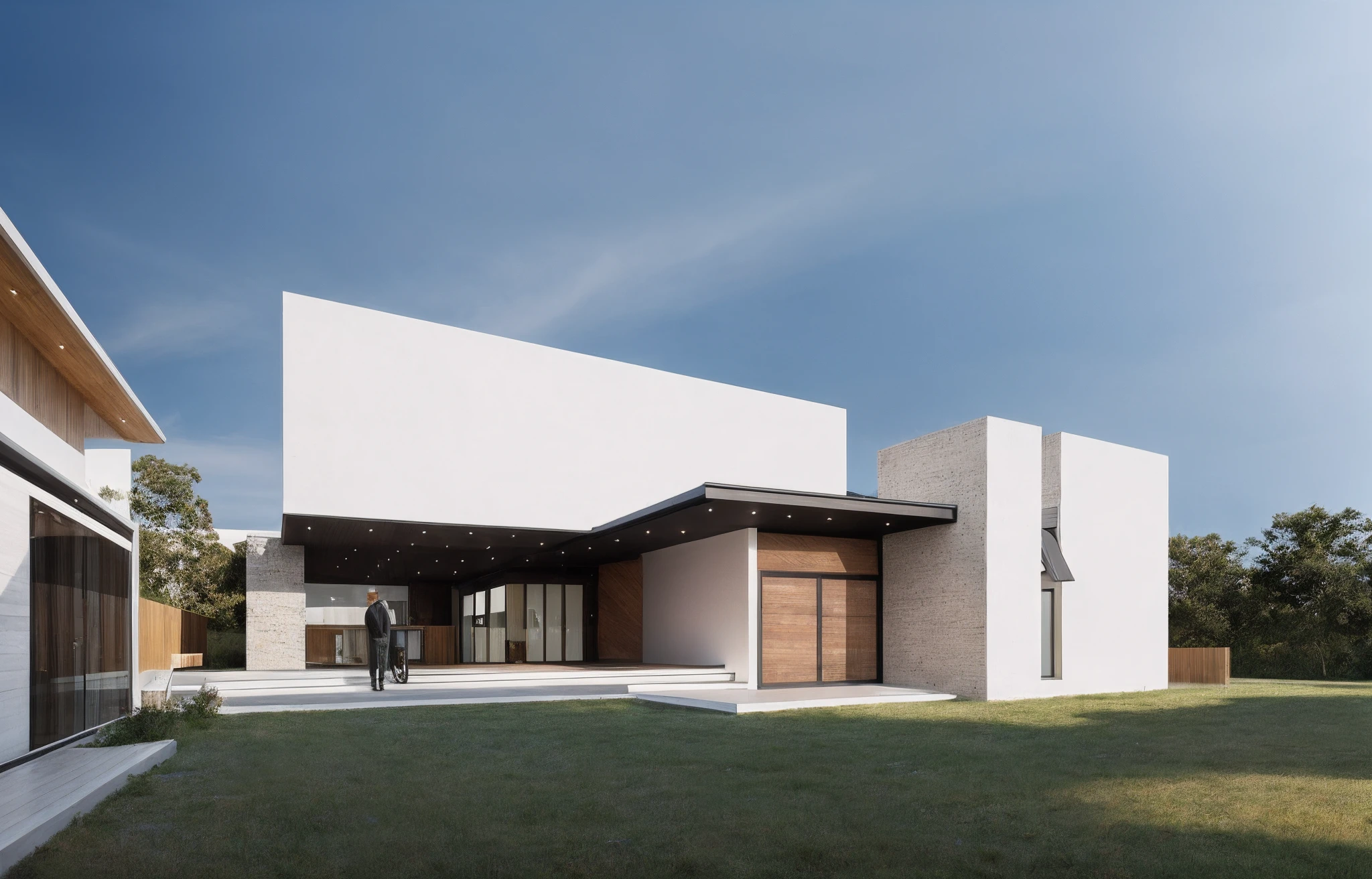 1 modern building with main materials made from white walls and wood, minimalist design,, masterpiece, high quality, utral detail:1.3, sun rise:1.3, dynamic lighting, perfect light, shimering sky:1.2, large yard, morden feeling, 1 black car:1.3, behance.net, warm light brighteness, shimering cold light fromt indoor:1.3