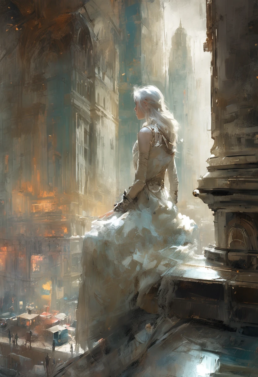 Beautiful impressionist painting Final Fantasy White-Haired Princess overlooking the city, fantasy, Bright, Dramatic, Beautiful lighting, Jeremy Mann's fusion with Jean-Baptiste Monge and Dalek Zabroki, Aaron Griffin, Lots of details, High quality, Detailed, Refined, Beautiful, absurderes, Masterpiece