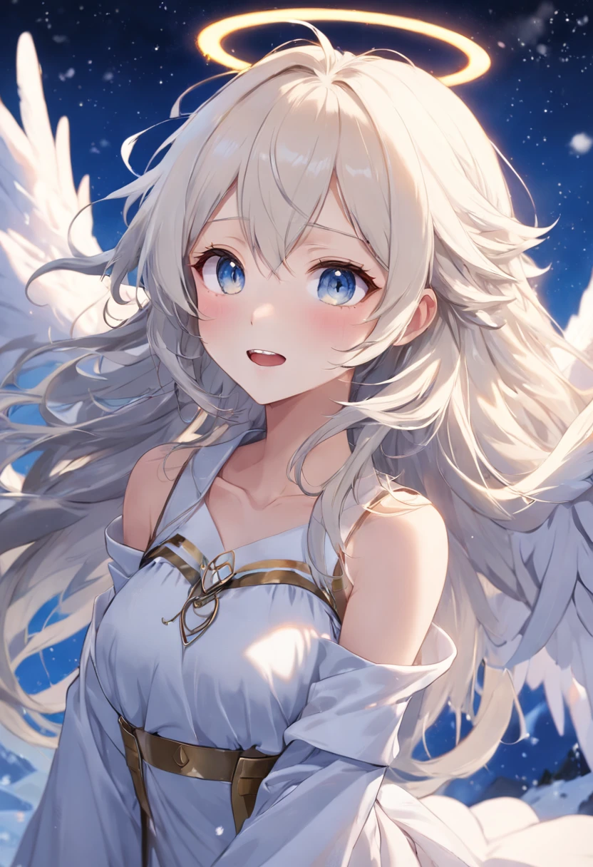 (white theme art),(top-quality),(masterpiece),(1 angel girl),(beautiful seraphim),(solo),Delicately drawn face,girl with a pretty face,beautiful detailed transparent blue eyes,(beautiful detailed angel wings),flapping,fluttering feathers,beautiful detailed white lolita fashions,((white costume)),(Beautiful silky white hair:1.3),blue ribbon,snow white skin,a beautiful artistic illustration,white theme,beautiful smile,(frontal face:1.3),(head shot, shoot from above,overhead shot),vivid color,lens flare,(floating in the blue sky)