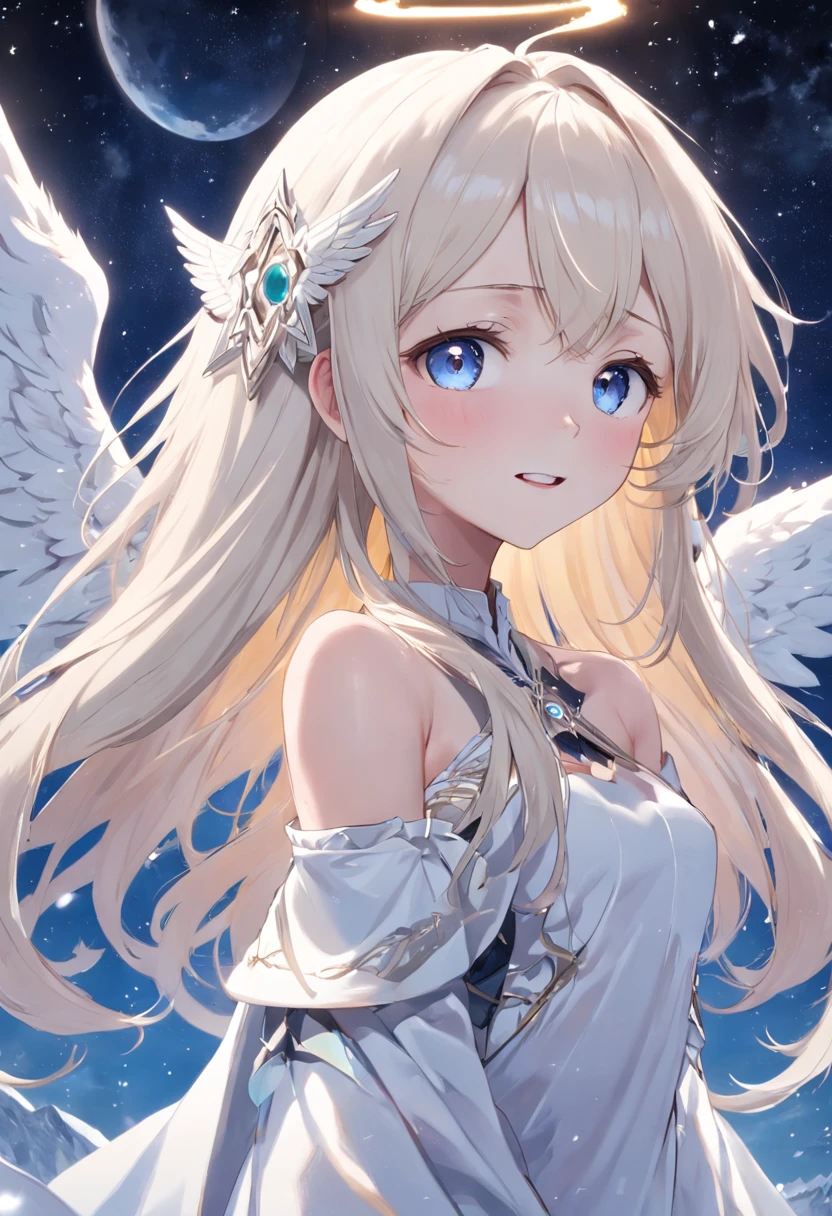 angelicales, White skin of the, Perfect skin details, pretty eyes, white teeth, blond hairbl, mid hair, voluminous hair, Angel wings, snow mountains, starrysky, 电影灯光 --auto