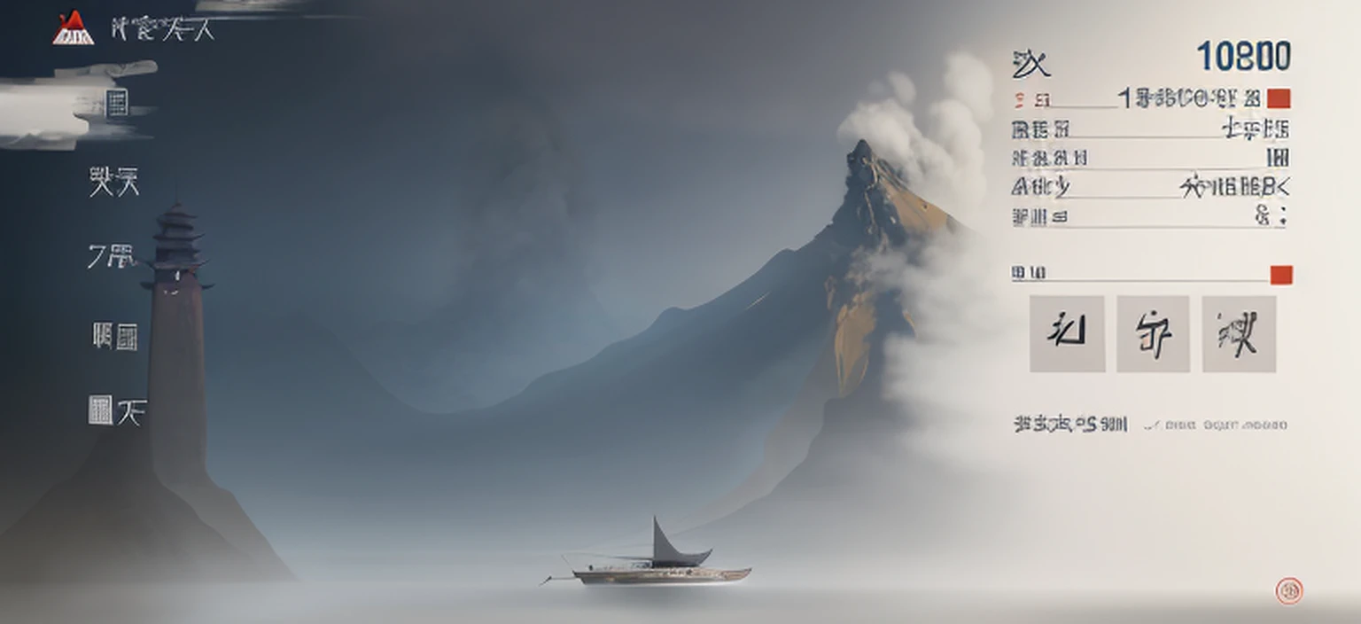 There is a boat sailing in the water,The background is a mountain, low details. Digital painting, Volcanic fog, Atmospheric. Digital painting, Floating mountains, digital painting of a pagoda, misty mountains, Illustration matte painting, matte digital painting, epic matte painting of an island, misty environment, Detailed scenery —width 672, Misty Castle, Unreal Engine Digital Painting