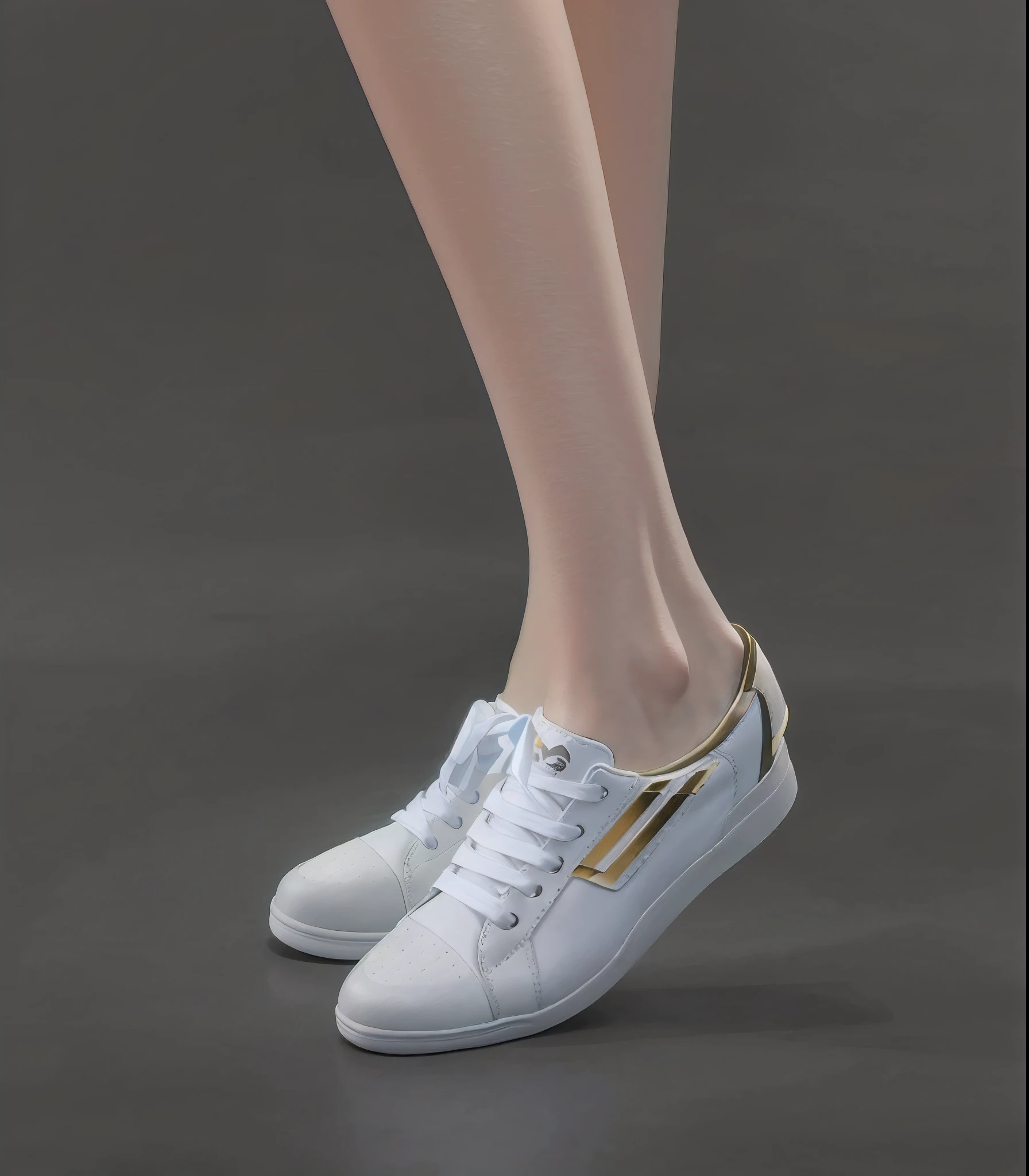 There are ladies' legs and white sneakers, realistic human feet, White sneakers, style of surrealism, high quality realistic, Smooth anime CG art, Realistic style, stylish shoe design, marvelous designer 3d rendered, Photorealistic style, [ Realistic photo ]!!, highly detailed character, photorealistic detailed picture, realisticlying