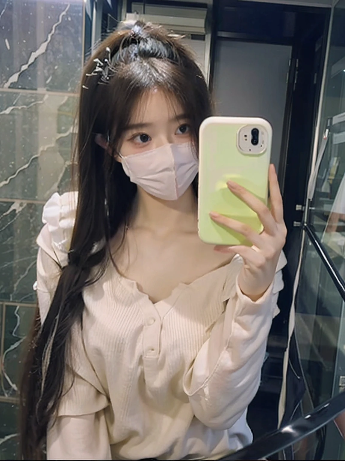 Woman wearing mask taking selfie in bathroom, ulzzangs, smooth white tight clothes suit, Leaking cleavage,Korean girl, pale milky white porcelain skin, xision wu, trending at cgstation, gorgeous chinese models, Milky white skin, xintong chen, Gorgeous young Korean woman, Anime girl in real life, wearing face mask, 19-year-old girl,