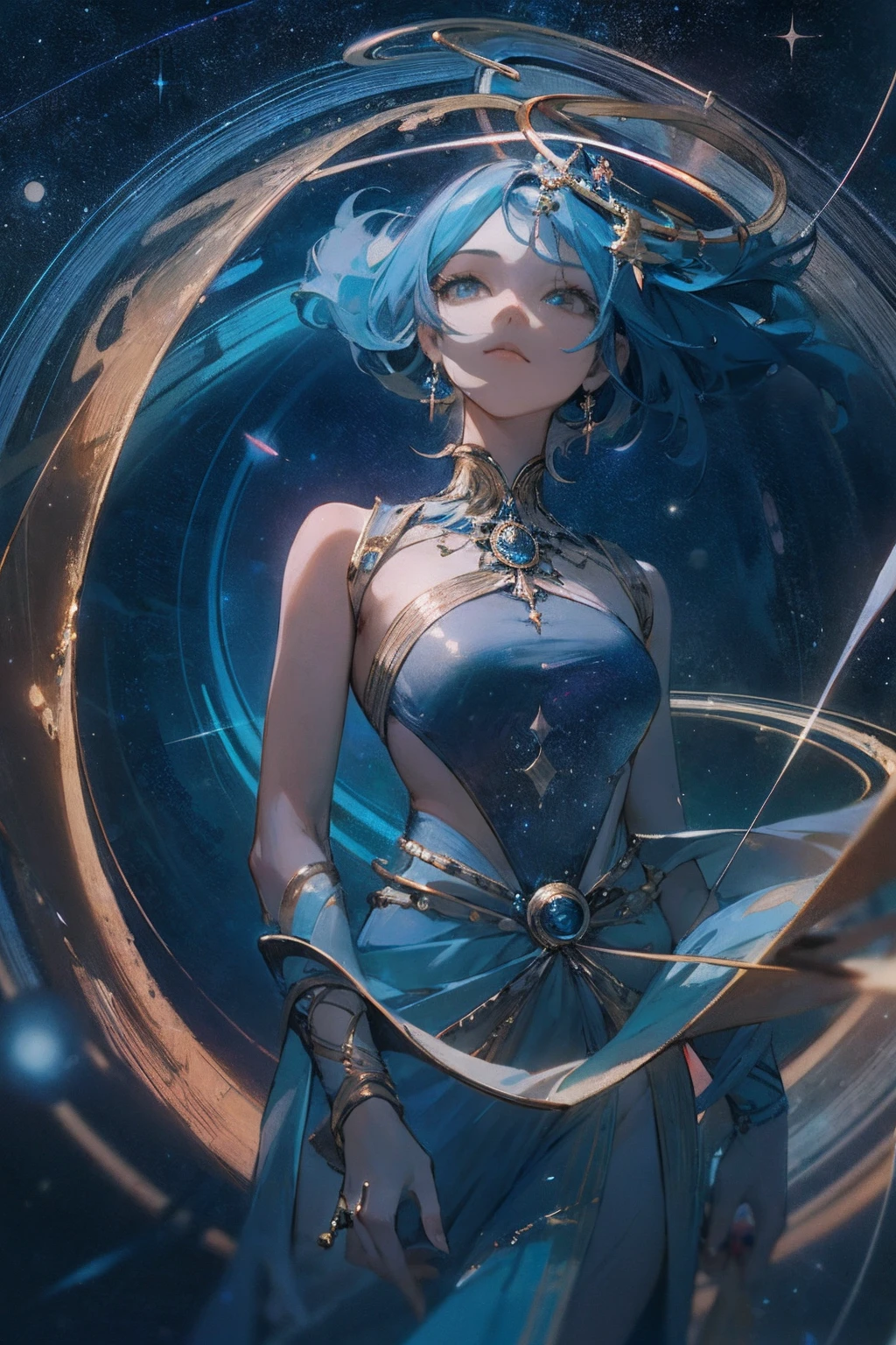 Create a masterpiece with the best quality featuring a beautiful woman in an intricate outfit, resembling the majestic Saturn Lady. Show her surrounded by floating rings, with the Saturn planet and its mesmerizing ring halo in the background. Add elements of the galaxy to enhance the celestial atmosphere, blue colour scheme, saturn, stars, particles, blue hair, mystical