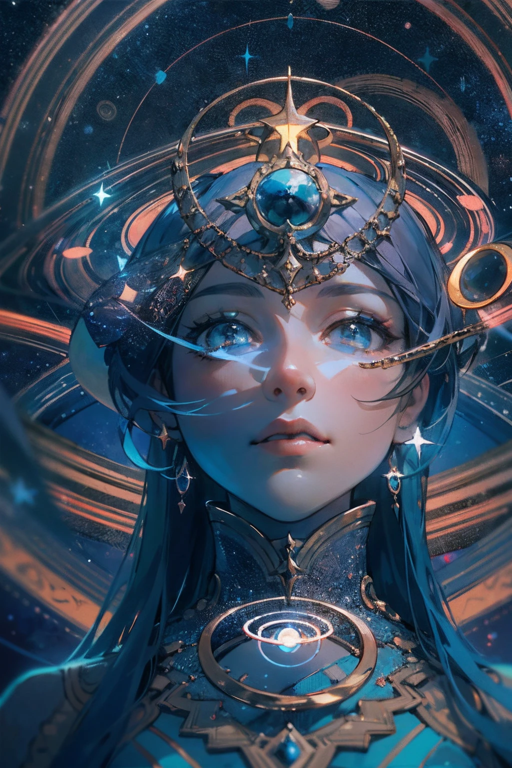 Create a masterpiece with the best quality featuring a beautiful woman in an intricate outfit, resembling the majestic Saturn Lady. Show her surrounded by floating rings, with the Saturn planet and its mesmerizing ring halo in the background. Add elements of the galaxy to enhance the celestial atmosphere, blue colour scheme, saturn, stars, particles, blue hair, mystical