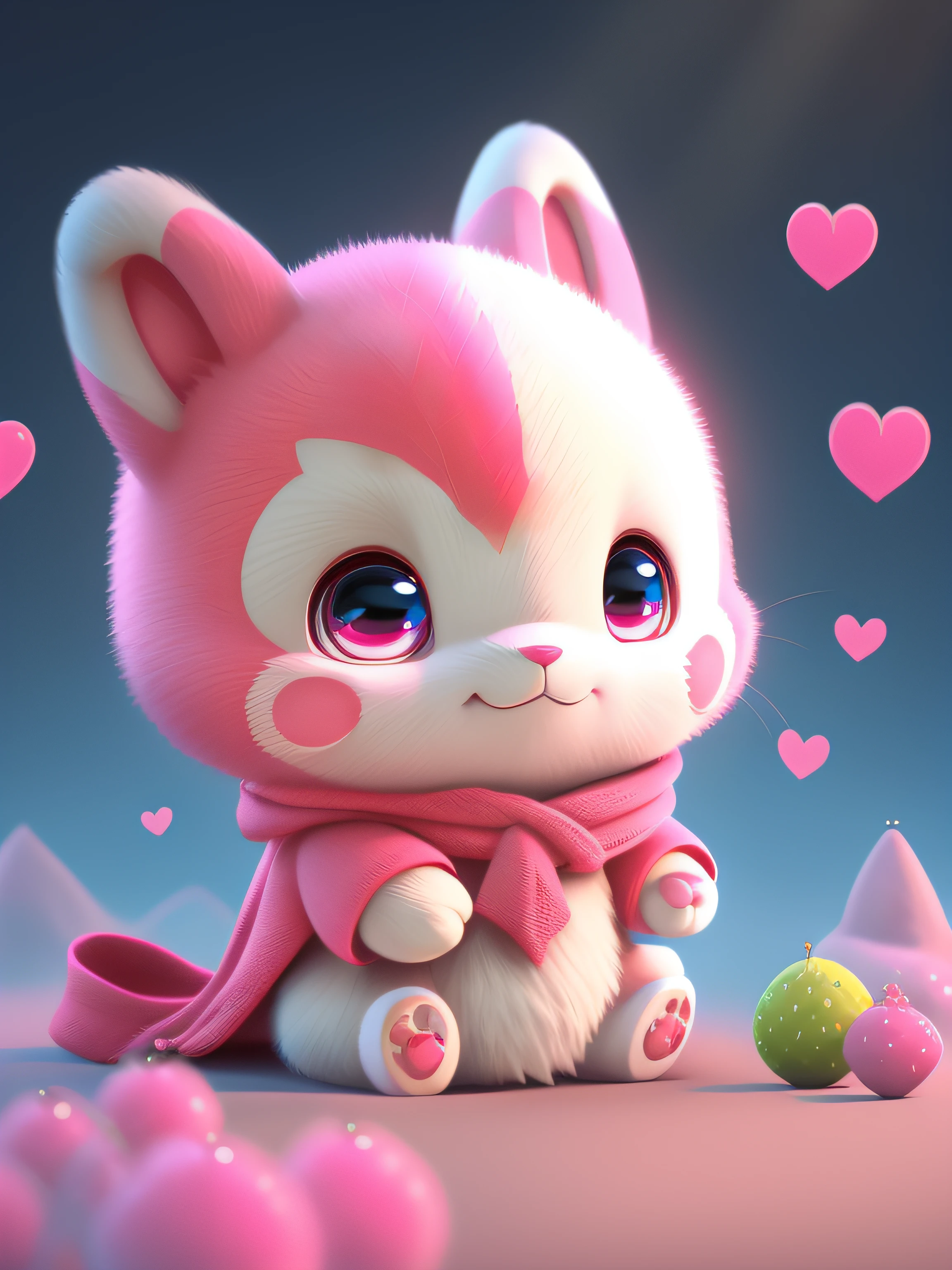 Cartoon cat with pink scarf and pink ball in front of the mountain, lovely digital painting, cute 3 d render, adorable digital art, Cute detailed digital art, Cute! C4D, Cute cartoon character, cute character, cute artwork, Kawaii cat, Pink fox, 3 d render stylized, kawaii hq render, female furry mini cute style, cute detailed artwork