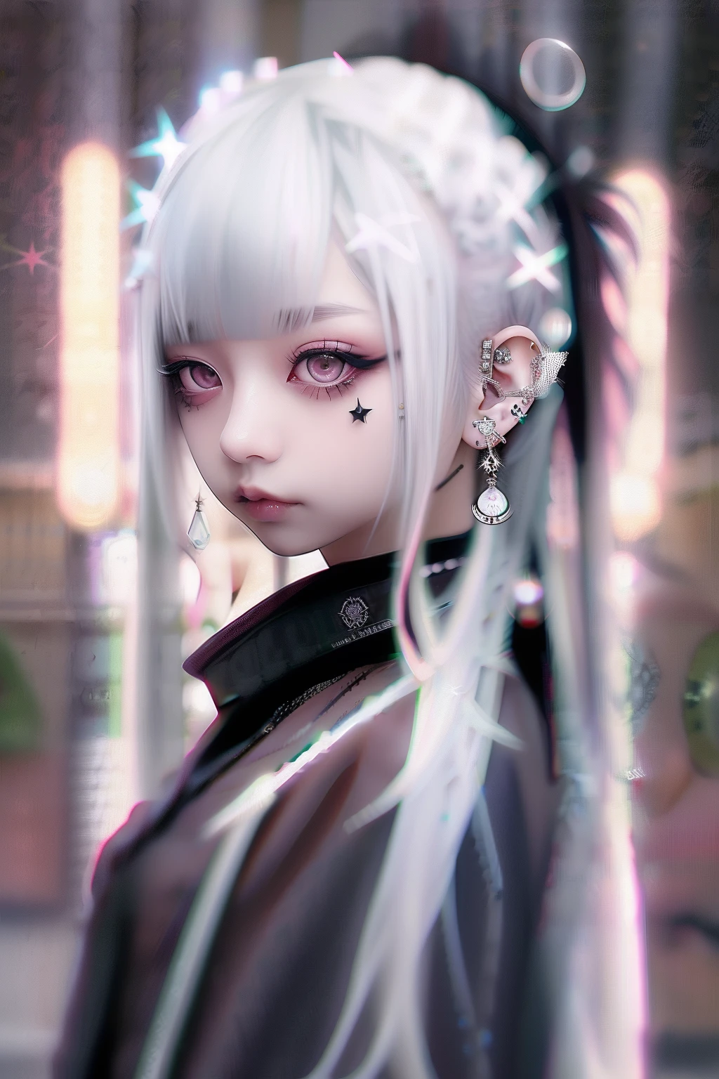A dark-haired、A black、bob cuts、blunt bangs、(((A dark-haired))),eye glass、Lunette de soleil、piercings、Forehead、Blunt bangs、Eyebrows are visible、The bikini、goth_punk, 1girl in, 独奏, medium shot, Walking in Harajuku, ((during night)), bokeh dof, Neon light, Iridescent eyes, starrysky, White shiny hair, White eyebrows, Radiant hair, (iridescent white hair), 耳Nipple Ring, bangss, jewely, masks, bluntbangs, verd s eyes, Mouth mask, blurry backround, bblurry, hair adornments, Look at viewers, shorth hair, portraitures, side locks
