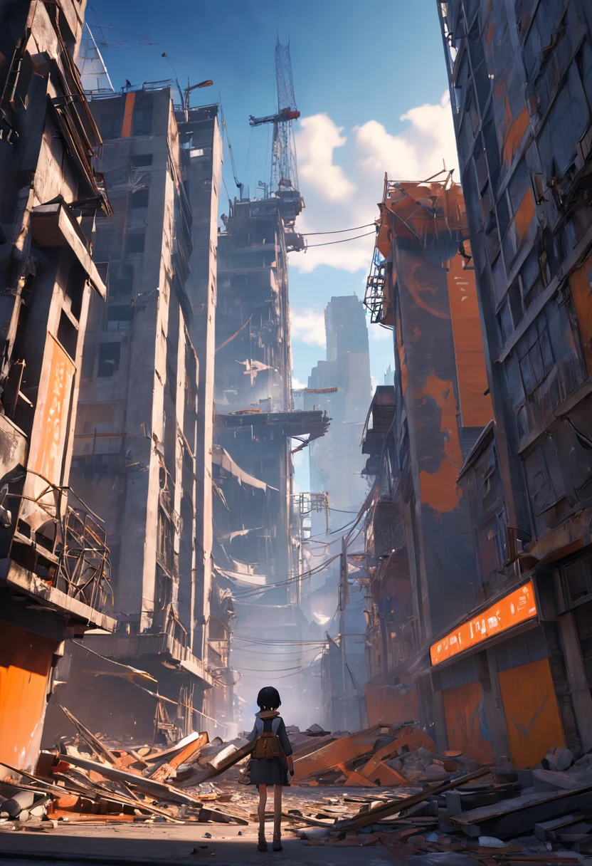 There are photos of construction sites,There are construction cranes, created in unreal engine 5, made in unreal engine 5, destroyed city in background, render in unreal engine 5, unreal engine 5 digital art, hyper-realistic environment, outdoors ruined cityscape, Unreal Engine 5 renderer, Unreal Engine 5 environment, dusty unreal engine, destroying a cityscape