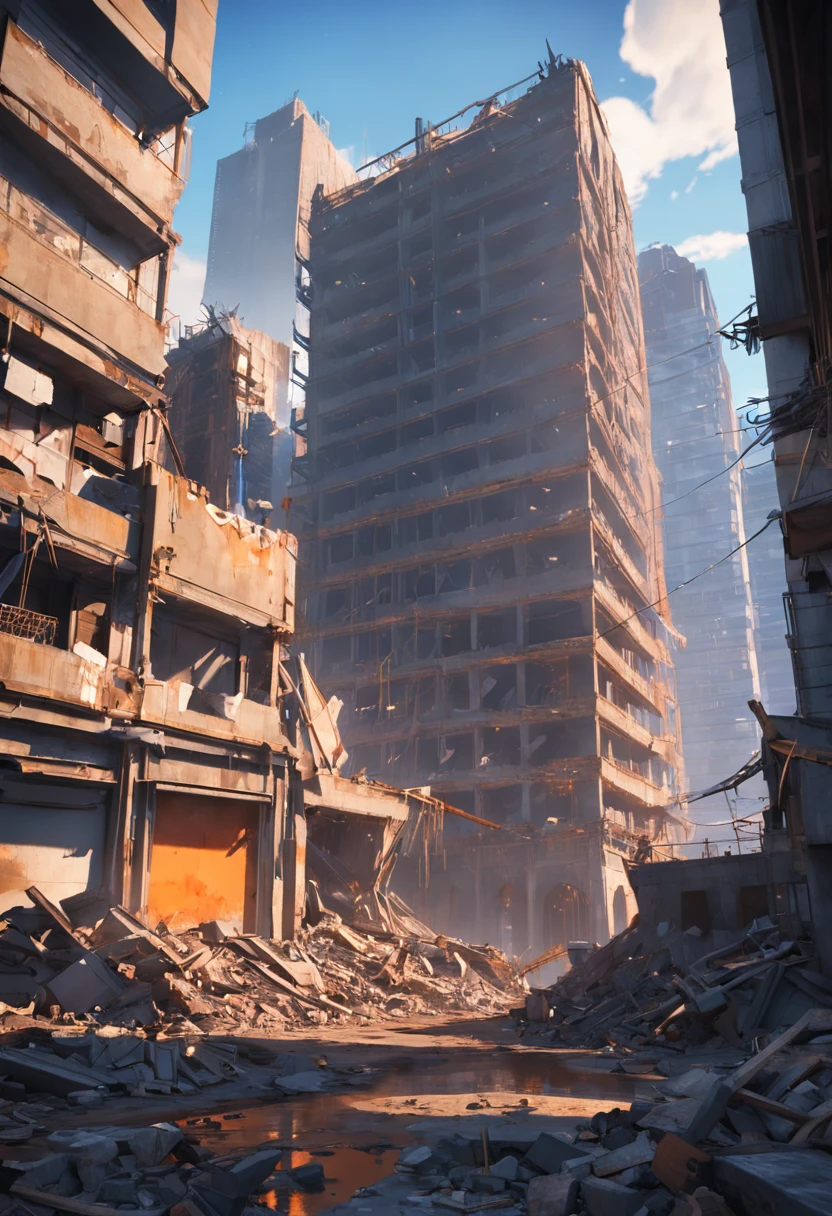 Wrecked City, Debris by the street Destroyed city in the background, realistic apocalyptic war scene, paisagem urbana arruinada