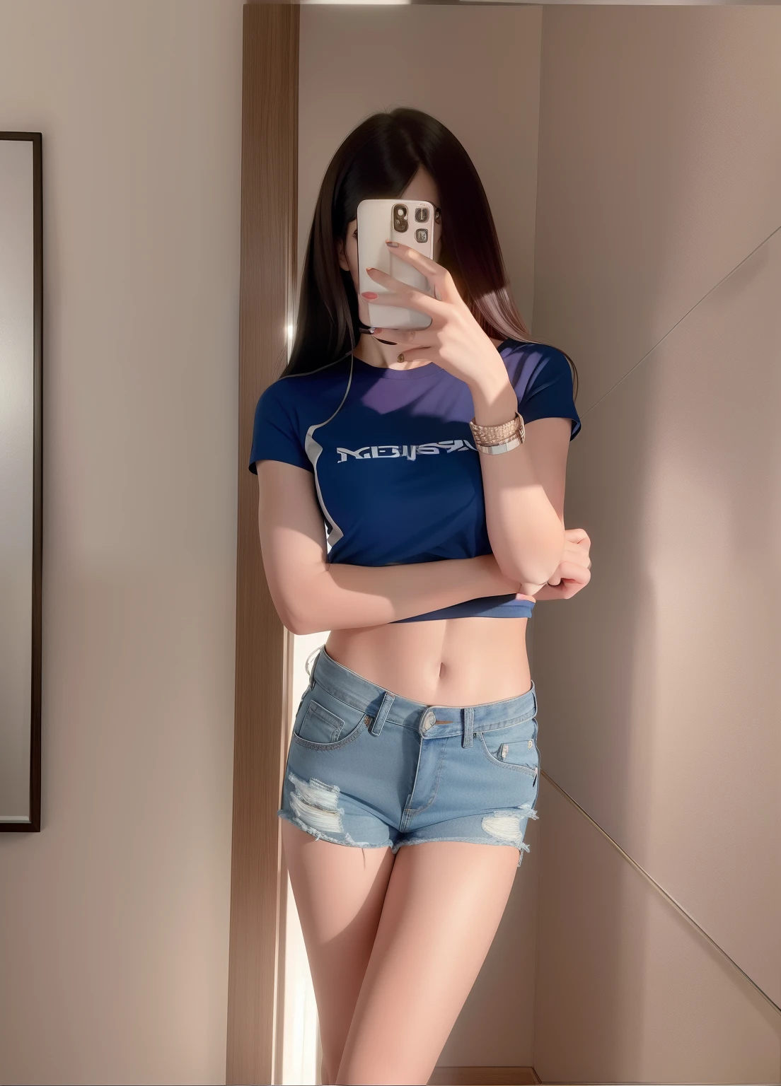 there is a woman that is taking a selfie in a mirror, With cropped T-shirt, photo of slim girl model, 2 4 year old female model, short jeans pants, Her navel was exposed, Thin waist, exposed midriff, Physical : tinyest midriff ever, sexy girl wearing shorts, big breasts thin waist, wearing sexy cropped top