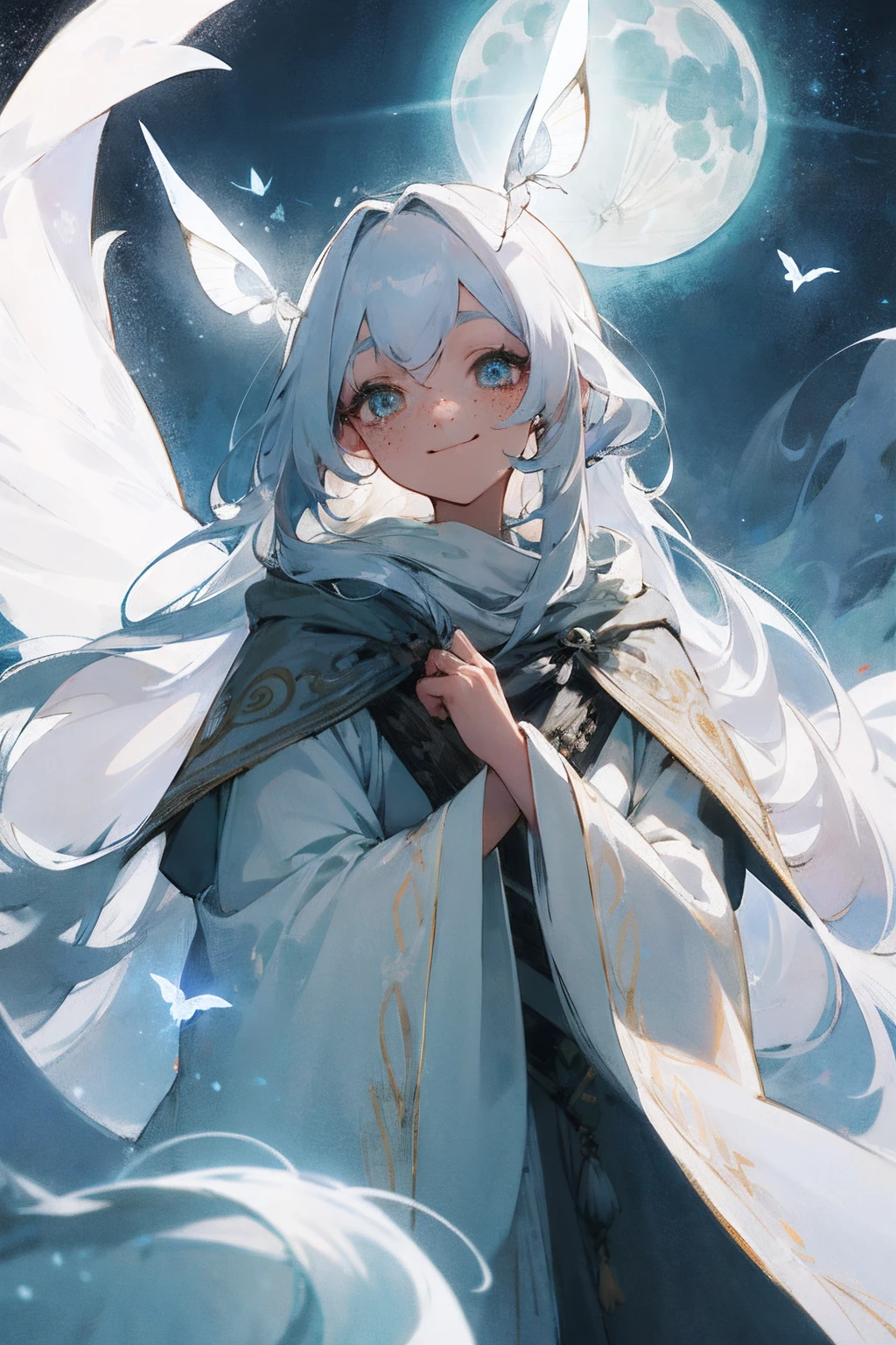 Masterpiece, best quality, ethereal moonlit woman with moth-like features, adorned with freckles, white flowing hair resembling fluffy clouds, draped in a cloak, enchanting light-colored eyes and a shy smile.