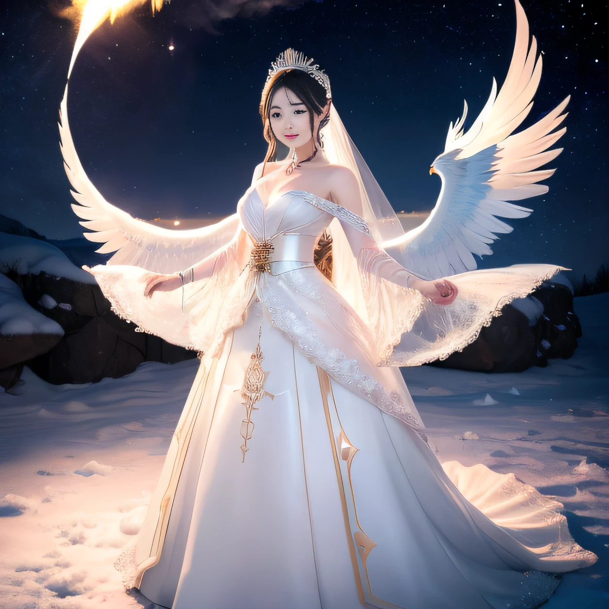 5,masterpiece,best quality,8k,very high resolution,The bride is a Japanese woman who has a slender body,very big breasts,small hips,thick thighs,the woman's sexy belly steps onto crystal clear ice,The footprints have left beautiful patterns 。The gemstone nestled in the phoenix's crown glittered with cold light,Breathtaking her like an ice princess。The light in her hand turned into a mist of fine white mist, Surrounding her. The white mist flows and changes as it moves, Like smoke, It's like a veil of mystery, Gives a mysterious effect. Not far away, a huge phoenix slowly descended from the sky. Its feathers burned like flames. Orange-red light illuminated the entire world of ice and snow. to the bride , Send blessings and blessings。 suddenly, Brilliant starlight falls from the sky, Lights up the ice. The stars turn into sparkling gemstones, Inlaid on ice, The result is a brilliant and eye-catching pattern. Each gemstone comes in a different color and shape, Like little stars, Giving people endless daydreams. The bride smiled, In this scene full of fantasy and mystery, She was like a fairytale princess showing her most beautiful side. At this moment, Everyone is mesmerized, Fascinated by this visual feast。