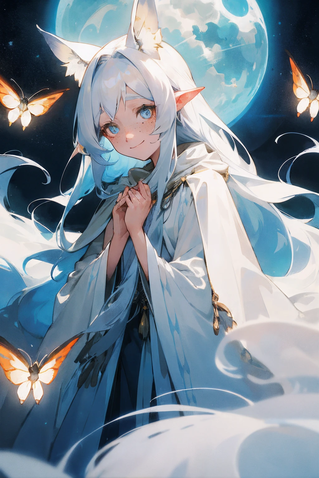 Masterpiece, best quality, ethereal moonlit woman with moth-like features, adorned with freckles, white flowing hair resembling fluffy clouds, draped in a cloak, enchanting light-colored eyes and a shy smile.