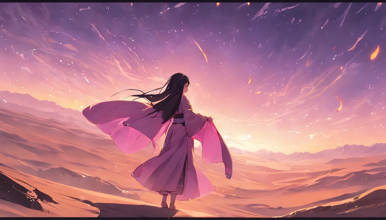 tmasterpiece，Best quality at best，1个Giant Breast Girl，black color hair，Purple hanfu dress，teens girl，独奏，Golden desert，Transparent wings，long whitr hair，sad expressions，Sleep on your side with your eyes closed，The upper part of the body，the setting sun，setting sun，A vast expanse of desert，sand dune，There are camels in the distance