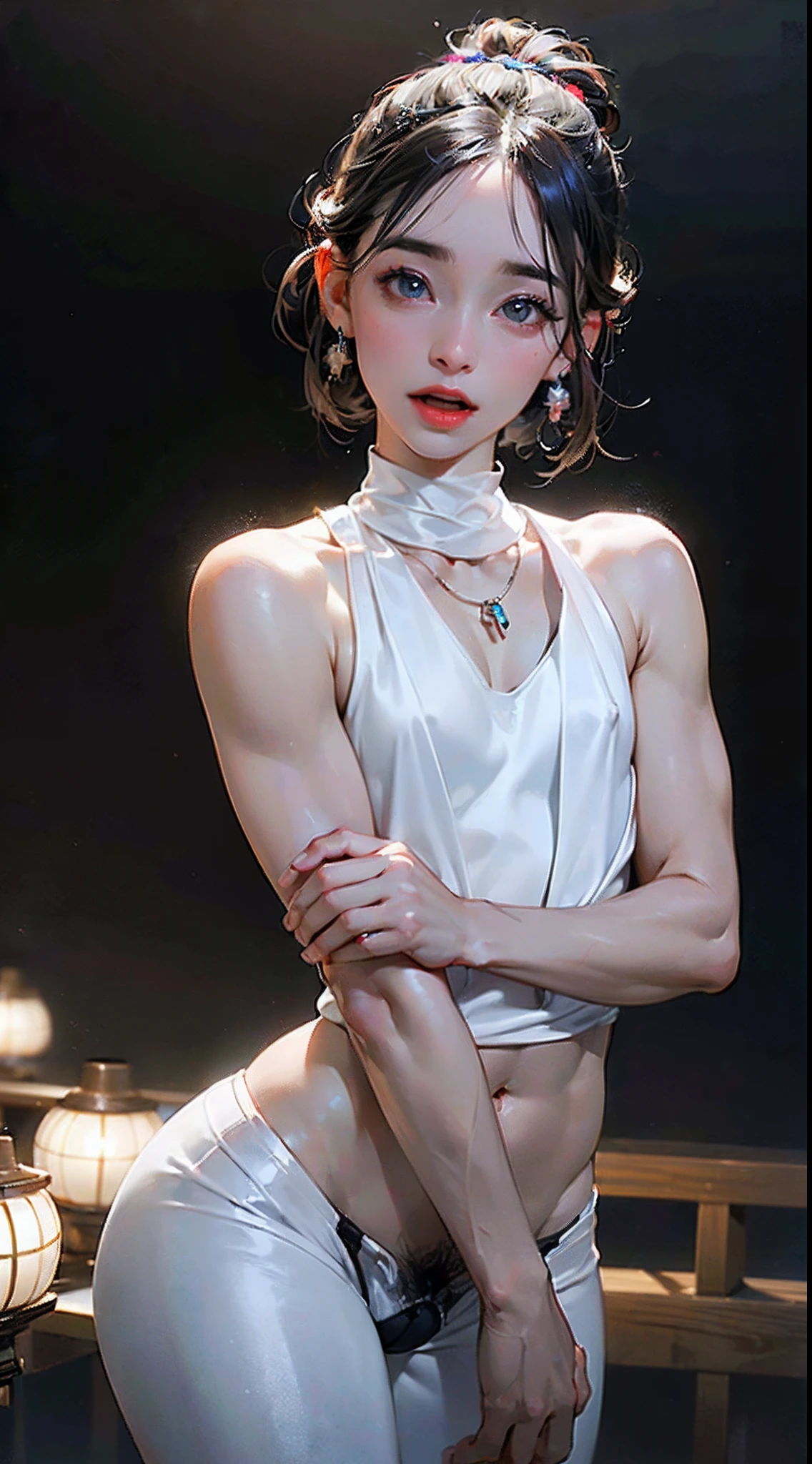 ((Best Quality)),((photo realistic)),((absurdres,ultra highlres,highly detailed)),(on stage),(professional lighting),shiny,(open mouth:1.4),(detailed beautiful eyes),Thick eyebrows,(droopy eyes),straight eyebrows,Falling eyebrows,(narrow face:1.2),(close-set eyes),((embarassed)),(thick lip),(Glossy lips),lipstick,blush,Beautiful,((beautiful Japanese Lady)),1girl,sexy pose,(young),(Pubic hair:1.6),(tall body:1.2),erect nipples,big areola,(slender),((curvy hips)),((round hips)),Muscular arms,Muscular legs,(wide forehead),((Pulled back hair)),braid,Perfect Anatomy,(flat chest:1.4),Black medium hair,(Straight hair),Necklace,(jewelry:1.3),(muscular:1.3),(Highly detailed face),(thong),(crotch bulge :1.35)