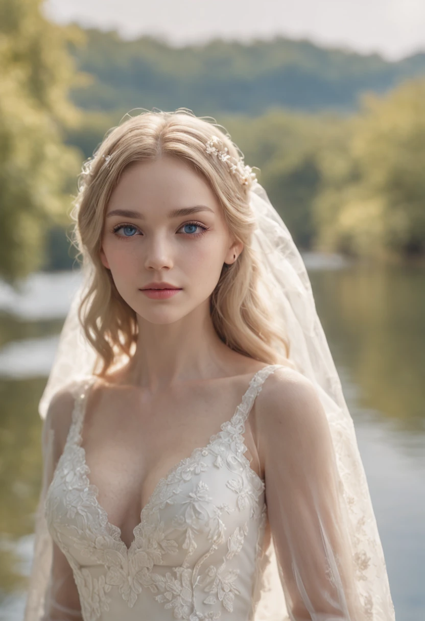 1 beautiful girl, (Realistic:1.3) full body, standing photo, stand in front a blue lake, white wedding dress, soft dress, blond hair, blue eyes, wavy hair, masterpiece, diffuse soft film lighting, portrait, best quality (perfect face:1.4), ultra-realistic highly detailed intricate realistic simulation style photo sharply focused on eyes, cinematic lighting, studio shot, gorgeous pose