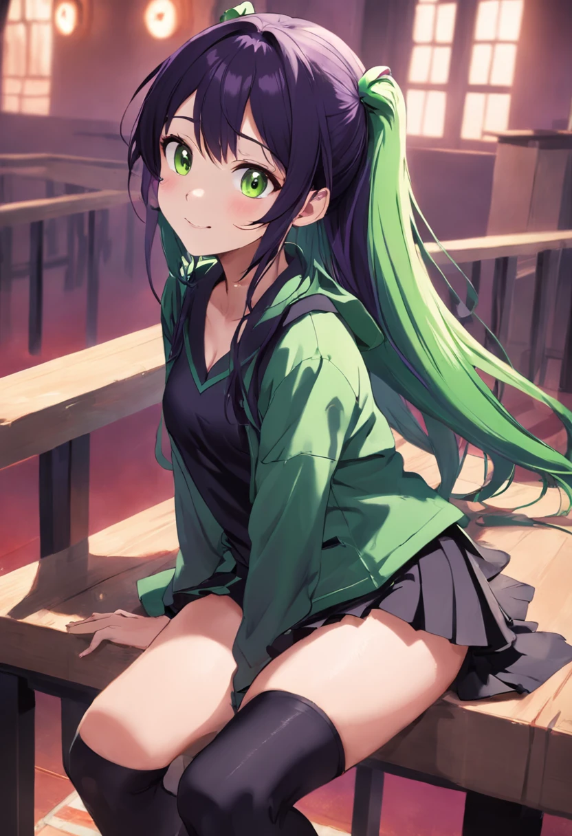 (1girl), bottomless, anime style, polished and powerful look, exotic, girl design, mara, portrait, giesha, anime image, with yellow green side tail long hair, showing shoulder, black and green punk hoodie, low angle, wide angle lens f/2.8, ultra insane high resolution intricate textures, texture indentation, perfect perspective, perfect geometry, ultra insane ambient lighting, ultra insane ambient shadows, luminism, tessellation, maximalism, perfectionism, IPA Award wining masterpiece, full body, sex