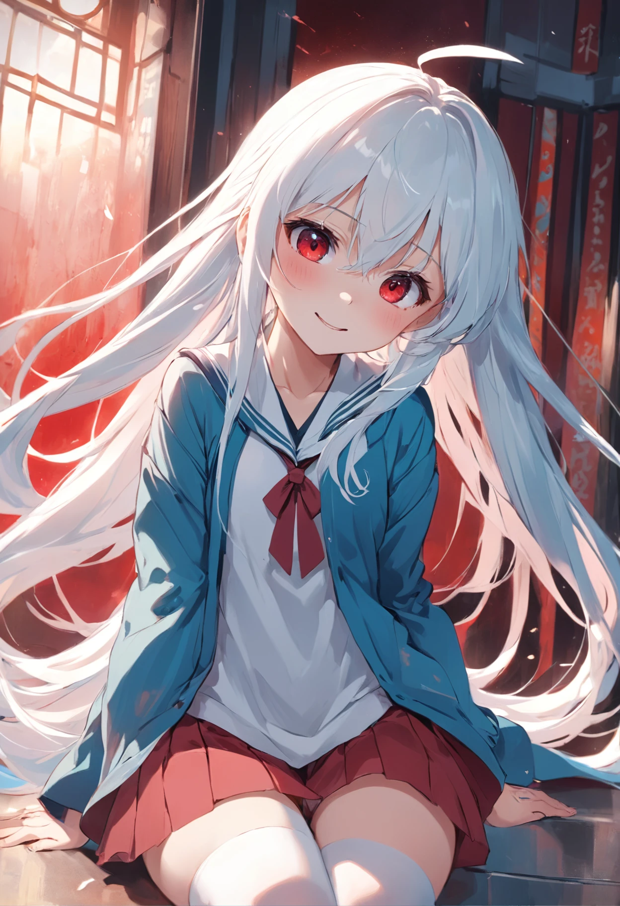 red pupils,Lazy expression,Long white hair and white stockings,Cyan and blue clothes,JK Campus,Cute smile