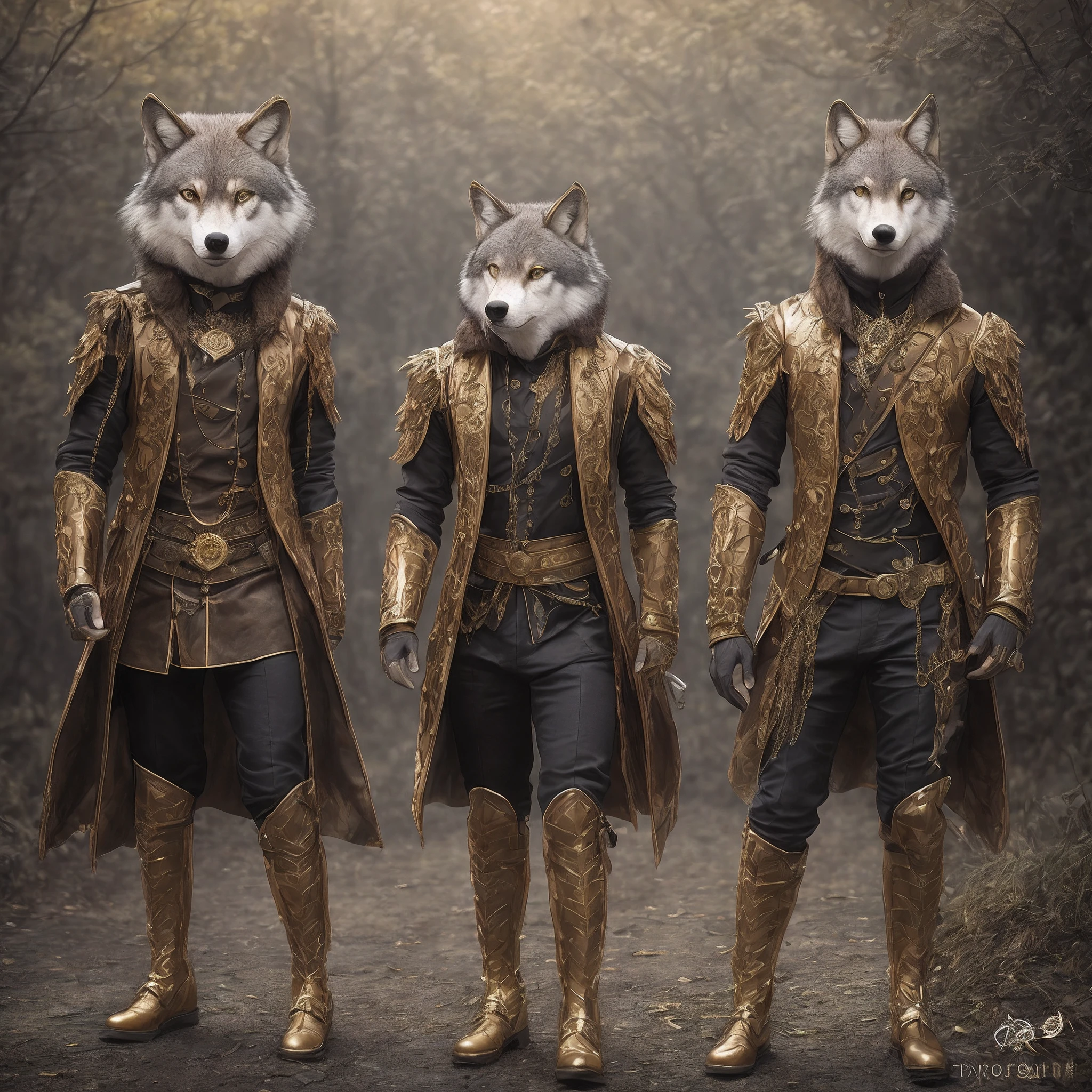wolf head human body, full body, noble luxury costume, royal, (detailed image), sharp, 8k, main red outfit combined with yellow and blue and black, 9: 16, elegant clothes, wearing lots of gold jewelry, serious stance, bot legs, ((sharp face)), feather detail, modern outfit, royal background