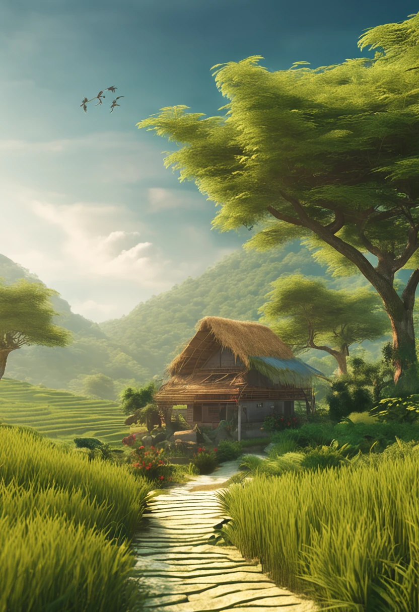 Country-by-country atmosphere,Idyllic countryside,Tranquility and serenity,Fresh and natural,The figure of cultivation,Green Mountains and Green Water,Village trail,A ray of sunlight shines through the mottled leaves,The rice fields are golden,The villagers laughed,Harvest season,serenity and calm。