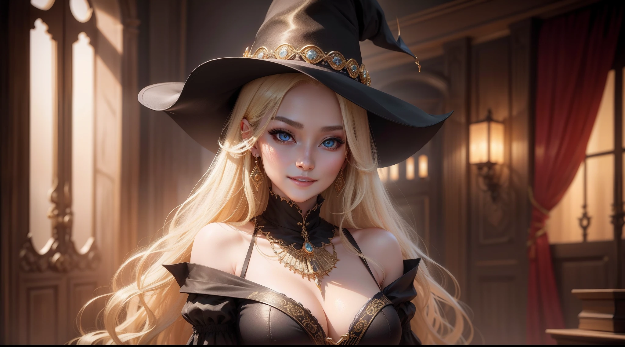 Sexy beautiful western woman、Smiling with creepy eyes。gold、Bewitching、Condescending to people、Contemptuous eyes、Dollar bills、jewellery、Gorgeous、Long Blonde Hair、Black magic、Gorgeous Jewelry、high-level image quality、High-spec camera shooting、A hyper-realistic