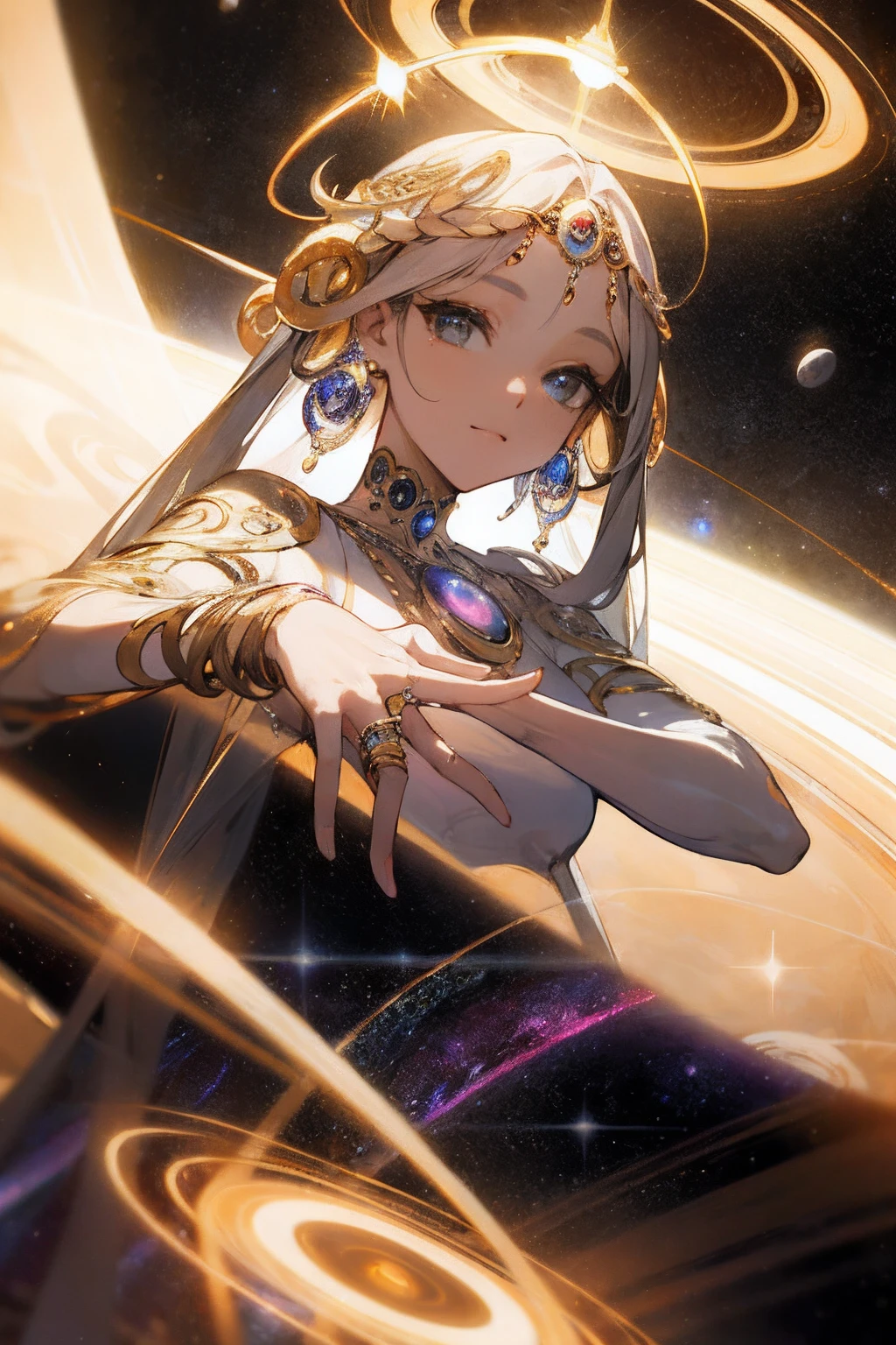 "Create a masterpiece with the best quality featuring a beautiful woman in an intricate outfit, resembling the majestic Saturn Lady. Show her surrounded by floating rings, with the Saturn planet and its mesmerizing ring halo in the background. Add elements of the galaxy to enhance the celestial atmosphere."