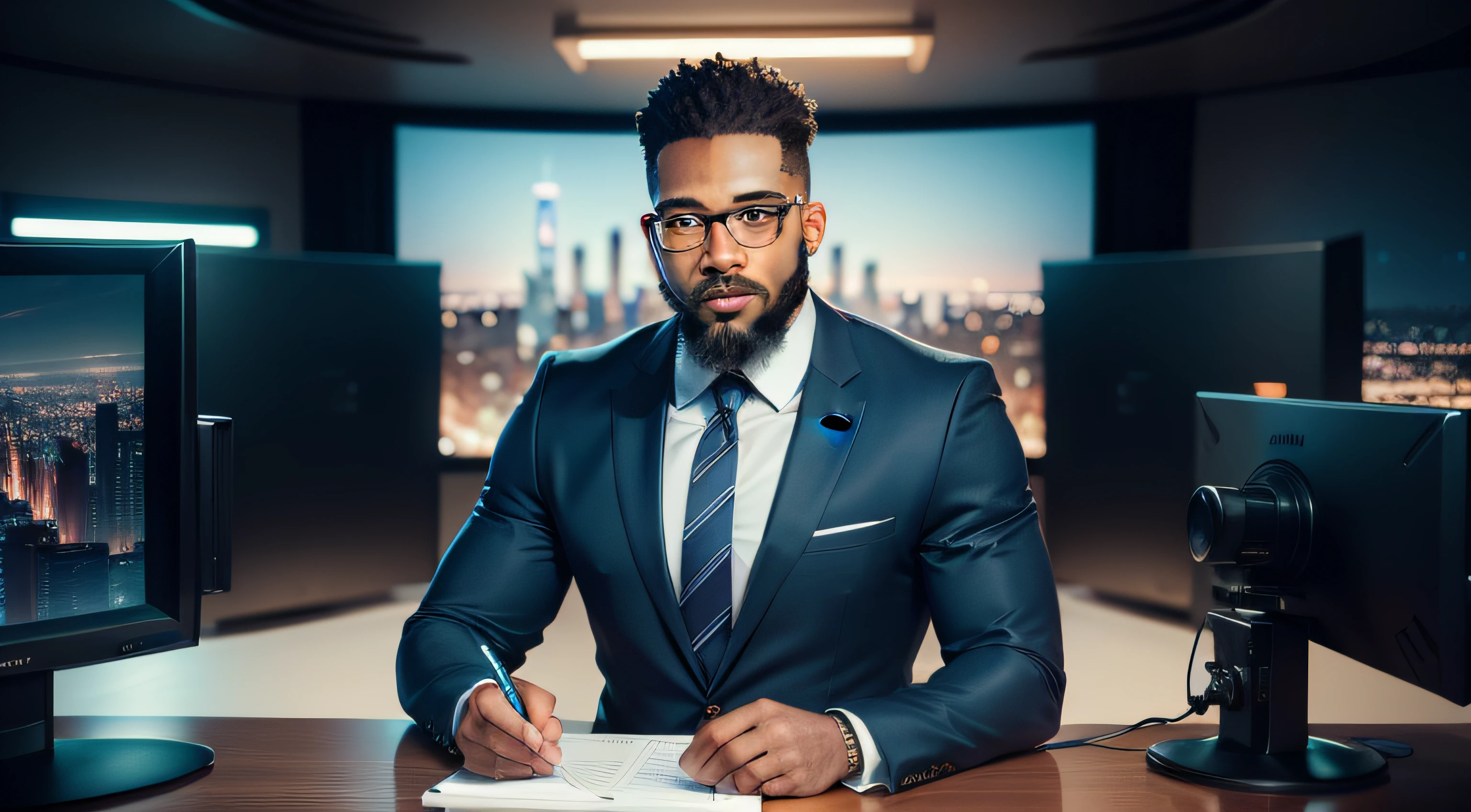 journalist ,handsome, green eyes, sexy, handsome man, with trimmed beard, front facing african american, 41 years old, with glasses, blue suit, striped tie, white shirt, anchor, on the bench, tv studio, using a notebook, Telejornal da Globo bench, 4k image, perfect, self-confident, night photography, blurred background plate room with monitors, larger panel, exclusive city landscape