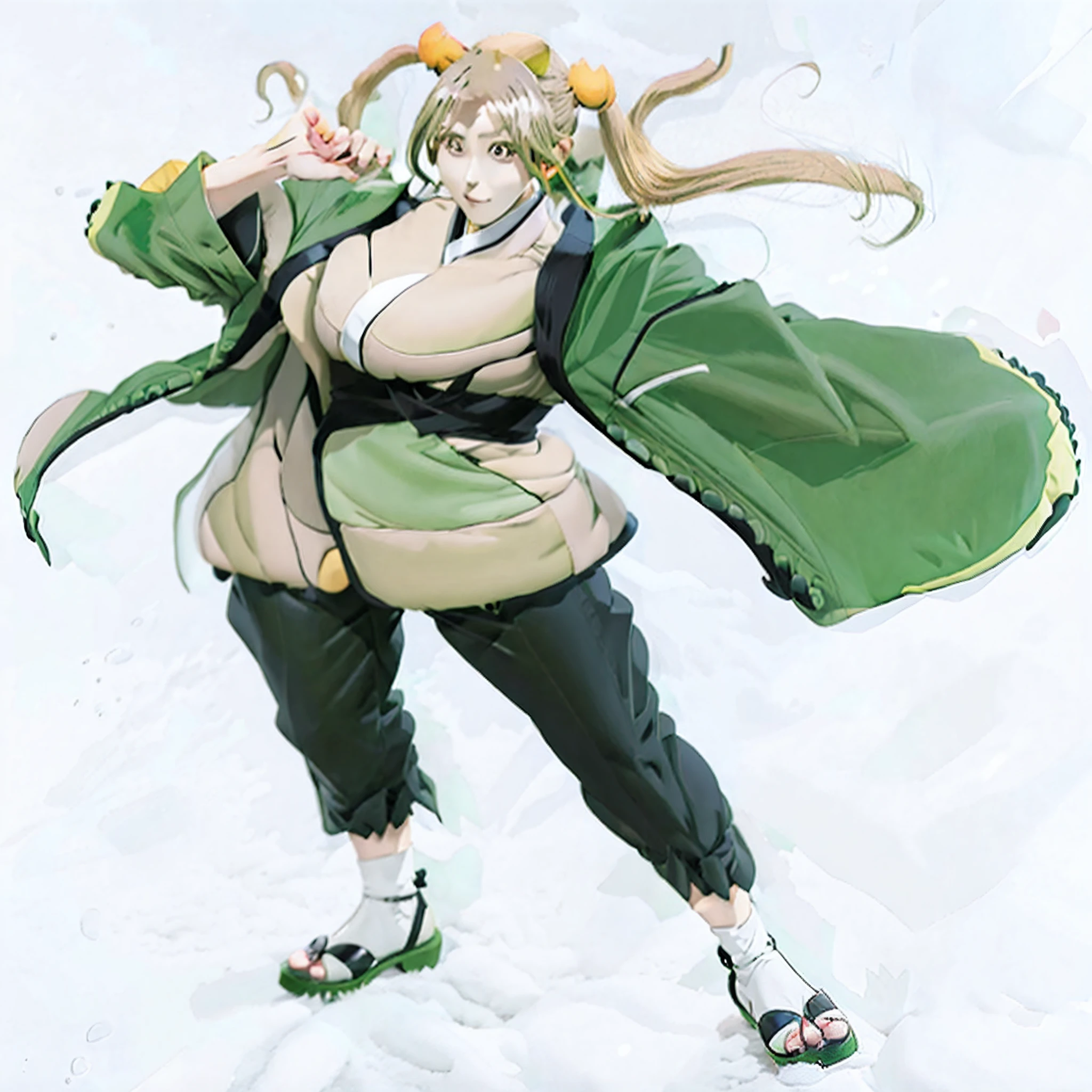 a cartoon of a woman in a green coat and black pants, tsunade from naruto, tatsumaki from one punch man, female anime character, tatsumaki, anime full body illustration, anime style character, female action anime girl, inspired by Maki Haku, best anime character design, anime woman fullbody art, vector shaded anime, anime character