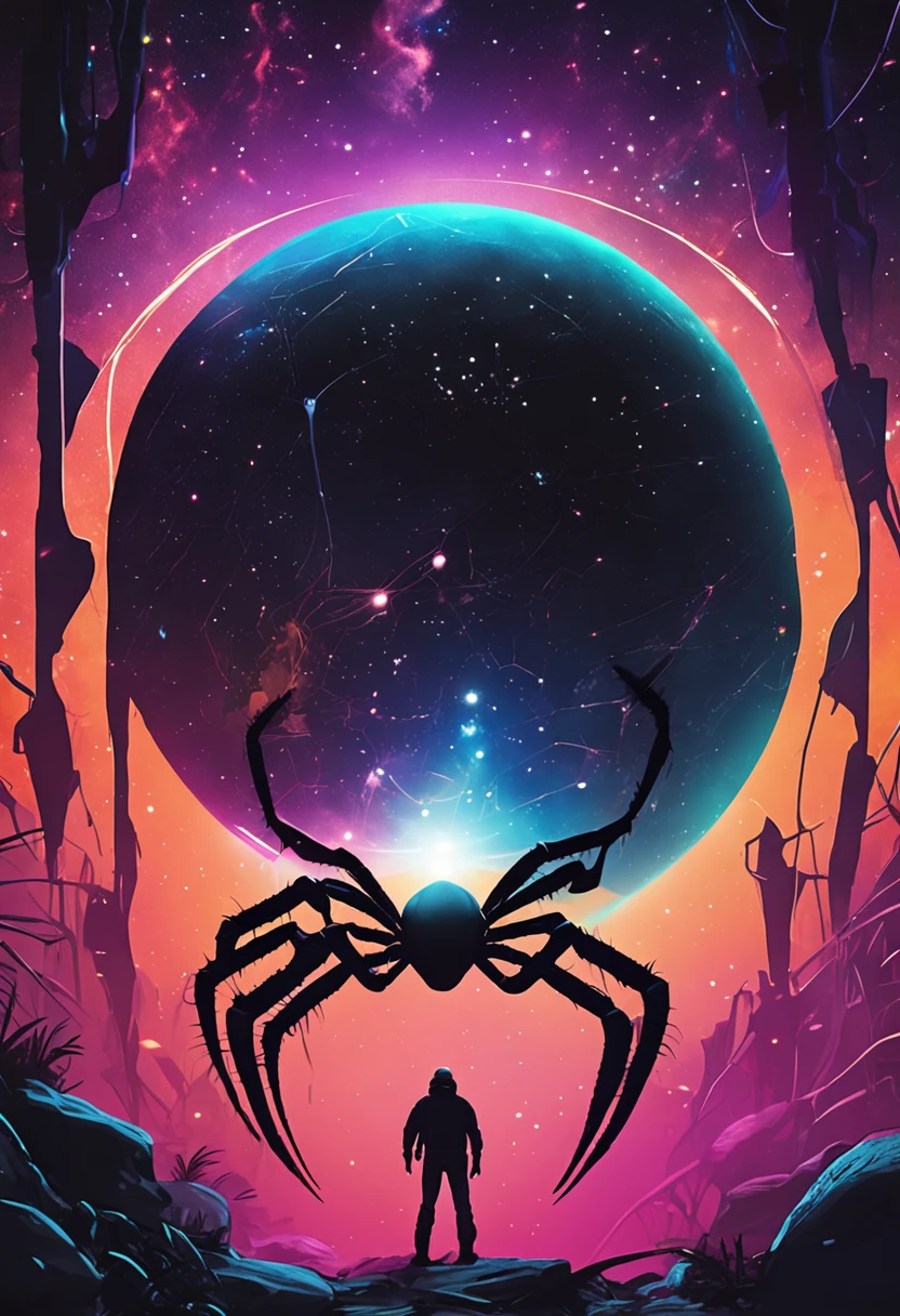 A black spider in space with a planet and colorful stars behind it