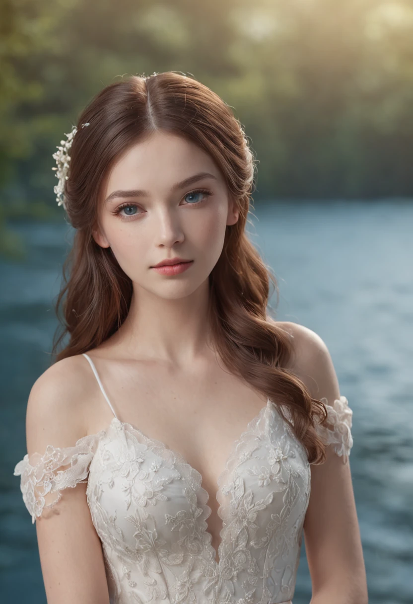 1 beautiful girl, (Realistic:1.3) full body, standing photo, stand in front a blue lake, white wedding dress, soft dress, brown hair, blue eyes, wavy hair, masterpiece, diffuse soft film lighting, portrait, best quality (perfect face:1.4), ultra-realistic highly detailed intricate realistic simulation style photo sharply focused on eyes, cinematic lighting, studio shot, gorgeous pose