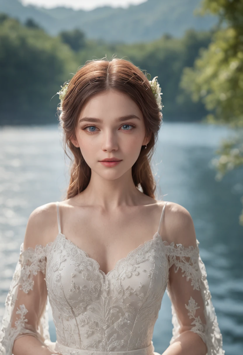 1 beautiful girl, (Realistic:1.3) full body, standing photo, stand in front a blue lake, white wedding dress, soft dress, brown hair, blue eyes, wavy hair, masterpiece, diffuse soft film lighting, portrait, best quality (perfect face:1.4), ultra-realistic highly detailed intricate realistic simulation style photo sharply focused on eyes, cinematic lighting, studio shot, gorgeous pose