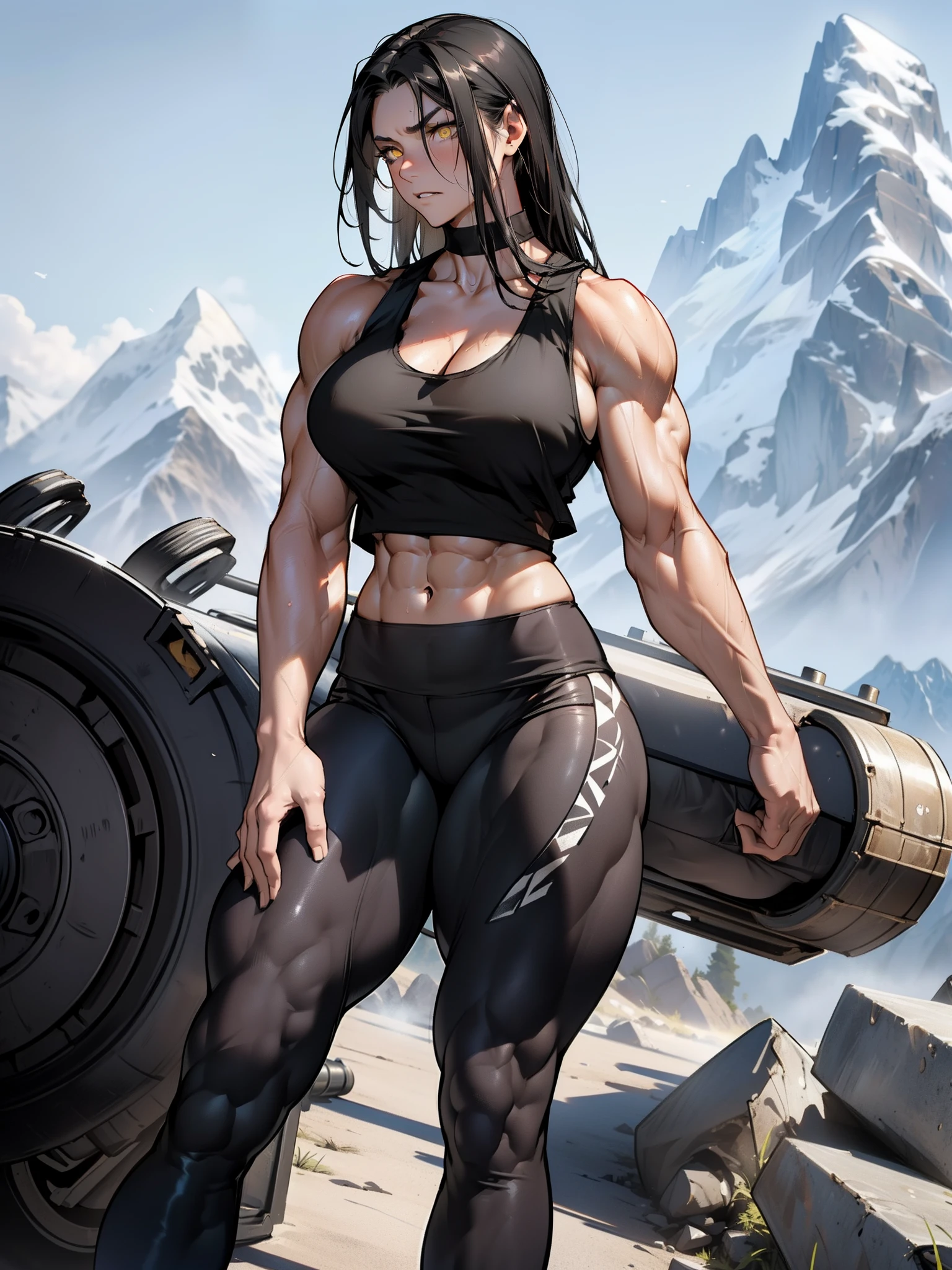 ((1girl)), black hair, (extremely long hair), yellow eyes, ((huge breasts)), ((thick thighs)), (solo), angry, (pale skin), sweaty, (shiny skin), ((((leggings and tank top)))), ((((((((muscular)))))))), (((wide hips))), mountain range background