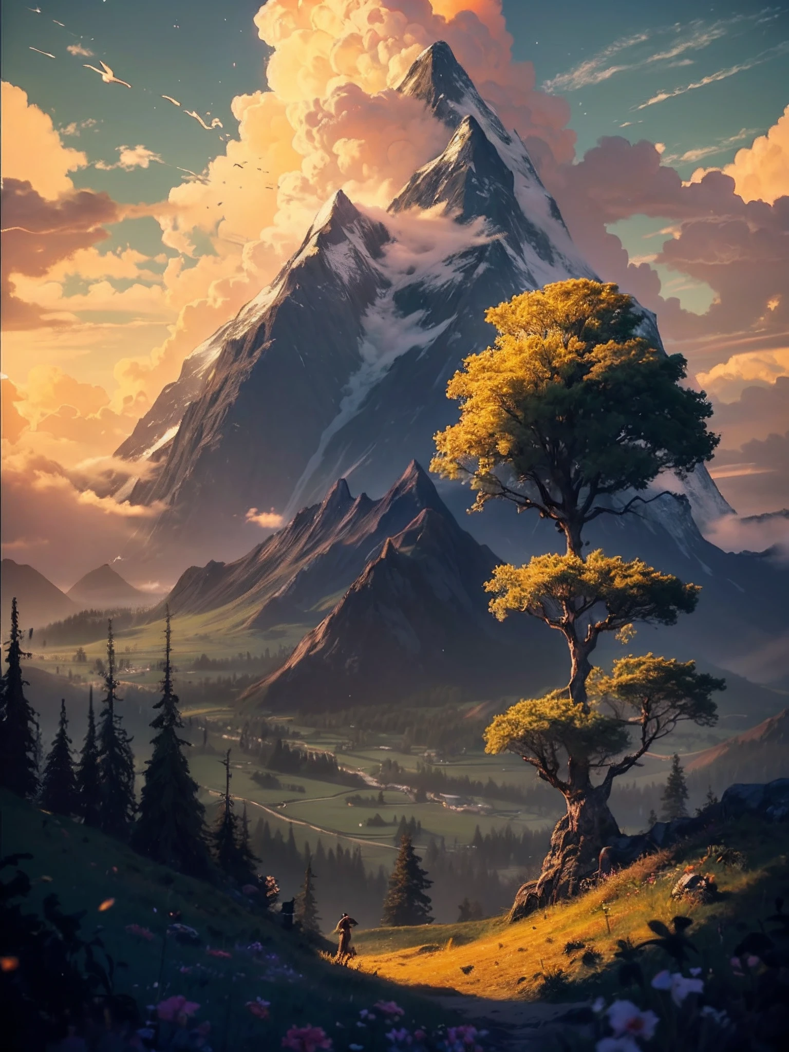 lanscape, 8k potrait of beautiful landscape with a mountain and abadoned temple, rule of third photography, intricate, elegant, realistic depth of field photography, perfect natural lighting (masterpiece, sidelighting, finely detailed beautiful abadoned temple), realistic leav, realistic cloud, realistic bokeh, realistic sky, beautiful sky, ray of light, rule of third photography, point of interest photography, perfect lanscape color tone, realistic moss, realistic grass, realistic store texture, realistic hill, realistic tree, best lanscape color tone, realistic mountain, realistic river, realistic shadow, best of saturation, RAW IMAGE, lots of bird, realistic birds, foggy,