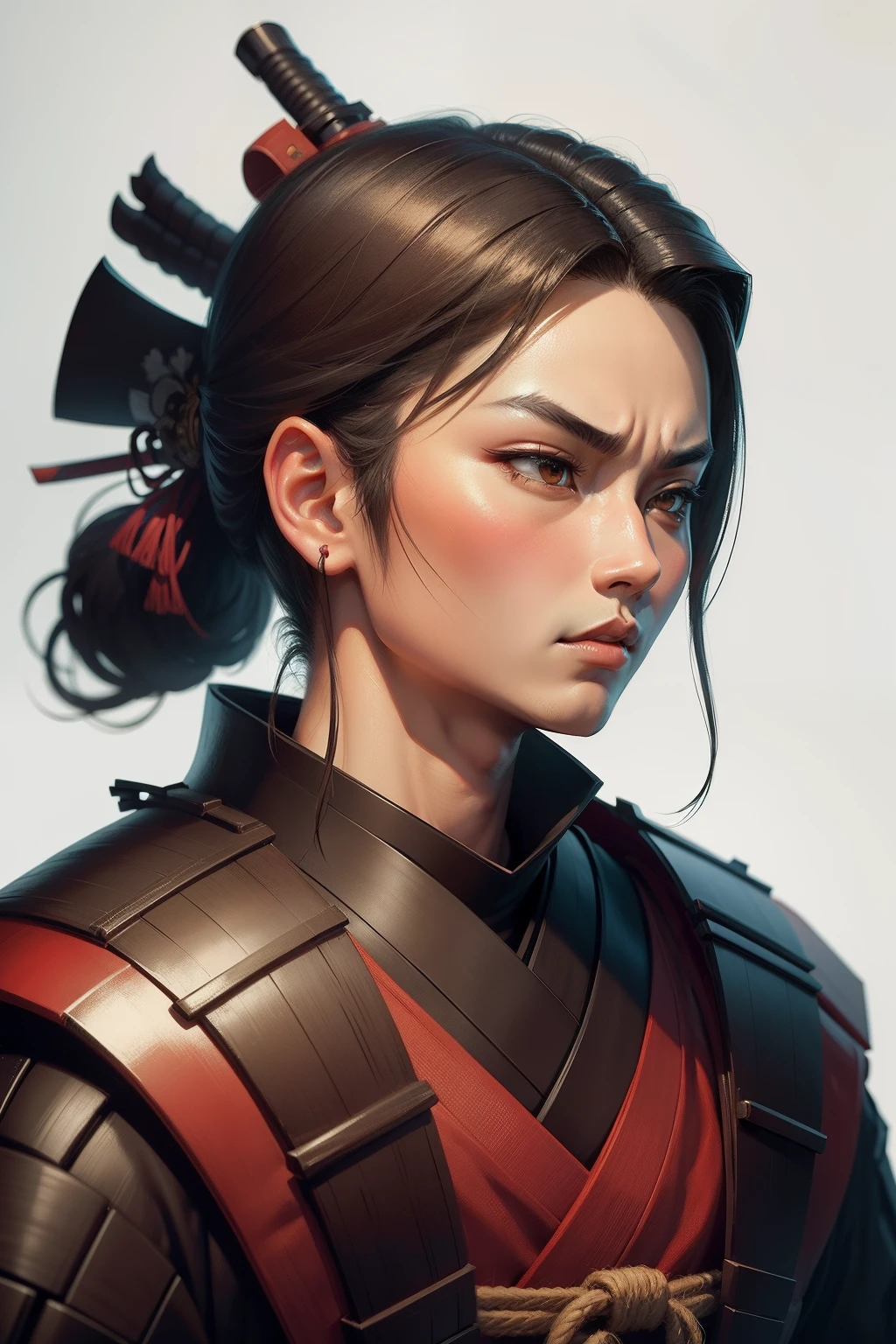 (((Front view))) Samurai head on white background, low poly, retro aesthetic, Character focus, 4 d cinema, 4K 分辨率, Complementary natural tones, Traditional colors