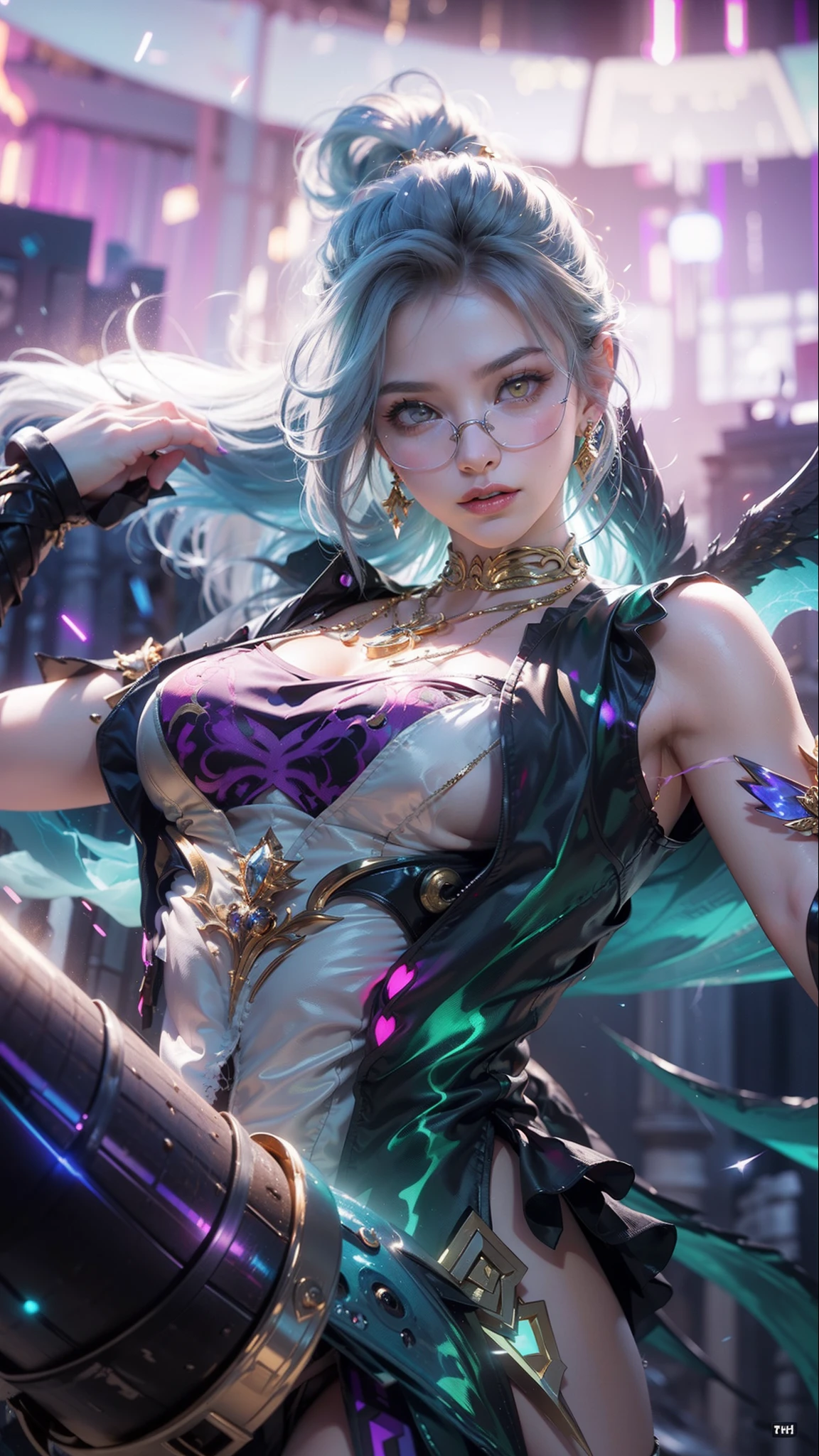 (Numerous award-winning masterpieces, with incredible detail, textures and maximum detail), (hyper realistic:1.4), (realistic:1.3), (best quality real texture skin), (full-body standing image:1.8), (finely detailed true circle Symmetrical eyes), finely detailed face, (upper body up:0.4), ((medieval world)), ((The Devil of the Lord's Thunder)), ((The Lord's lightning demon)), (Swirling Thunder and lightning), The Great Temple of the Devil, The Devil's Grand Shrine, great temple, great cathedral, temple ruins, detached temple, (Luminous magic circle), (full-body standing image:1.5),  Ruins of an ancient castle, Shining majestic cloud masses and sky, lightning bolt, (burn brightly golden look in the eye), (She has a mischievous smile on her face), (Eyes that glow gold in the dark:1.5), (A pair of golden eyes with strong gold light emitting from within:1.5), bio luminescence, (full-body standing image:1.5), (Lightning and strong wind swirling in the background), (Dramatic Light), (A majestic sight), (Her countenance is gentle and beautiful, but somehow terrifying), Glass earrings on the ears, (dramatic photo:1.4), (Seducing Pose), ((dramatic pose)), (flamboyant photo), (golden hair), (silver hair), (chestnut hair), Short cut hair, ((looks up)), ((looking down)), (Around her neck is a simple necklace of exquisite workmanship), (Bio luminescence with a brilliant glow:1.1), (full-body standing image:1.5),  (Use flashy lightning magic:1.4), epic realistic, faded, art, (Greg rutkowski:0.8), (teal and orange:0.4), (art station:1.5), cinematic, ((neutral colors)), (hdr:1.5), (muted colors:1.2), hyper detailed, dramatic light, (intricate details:1.1), complex background, wear glasses,