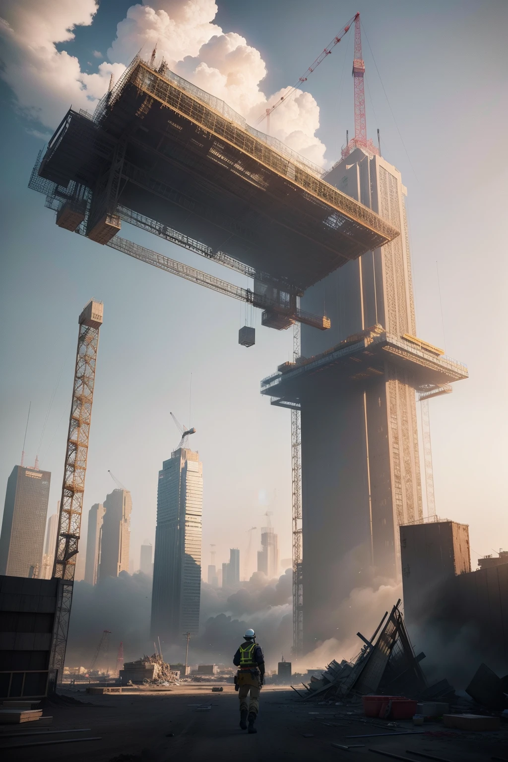 There are photos of construction sites,There are construction cranes, created in unreal engine 5, made in unreal engine 5, destroyed city in background, Render in Unreal Engine 5, unreal engine 5 digital art, hyper-realistic environment, Outdoors ruined CI...