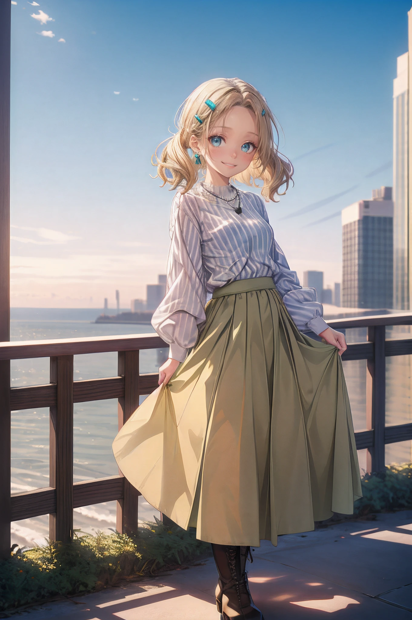 Anime girl in a skirt and shirt standing on a bridge - SeaArt AI