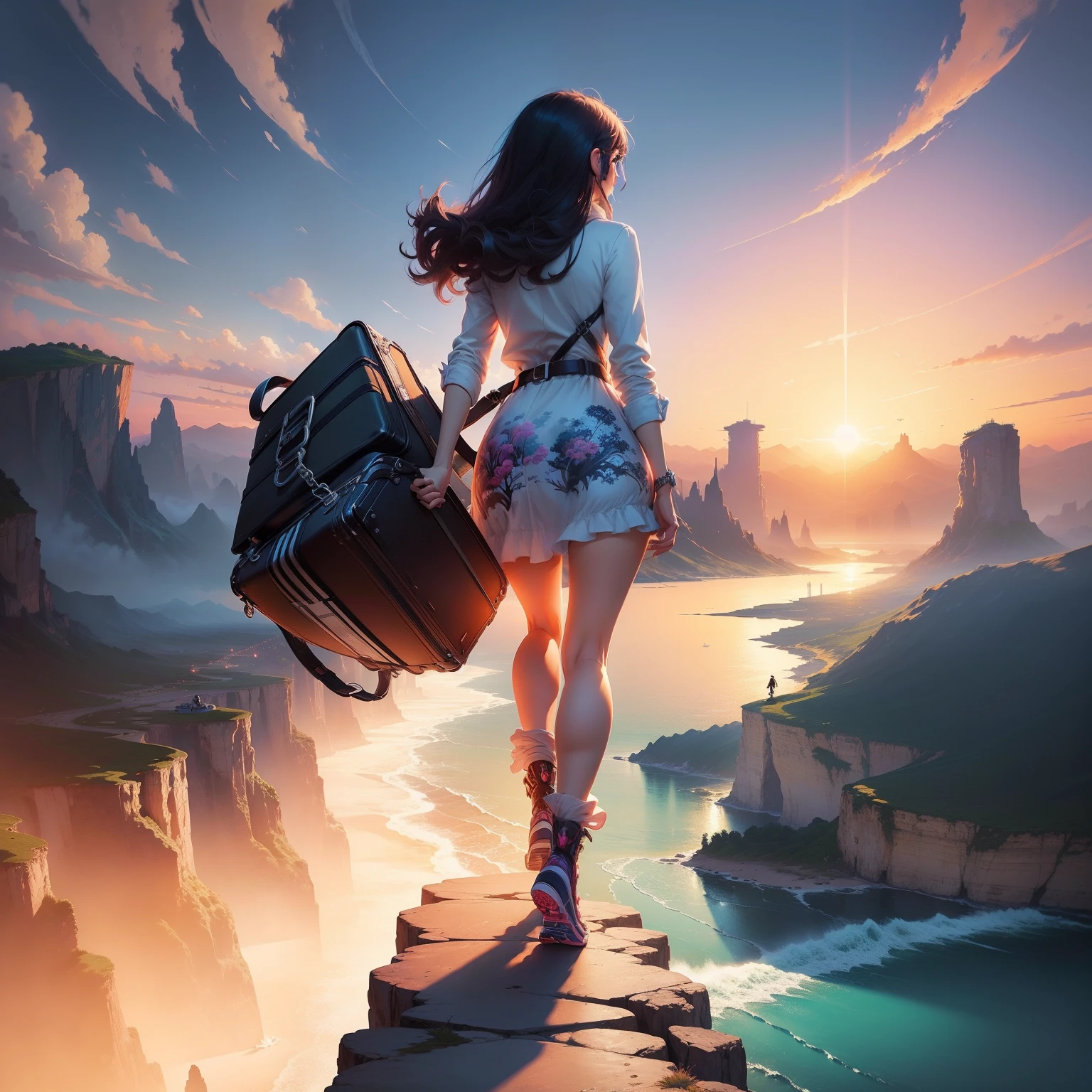 painting of a woman walking down a path with a suitcase, going forward to the sunset, inspired by Cyril Rolando, beautiful girl on the horizon, makoto shinkai cyril rolando, epic full color illustration, girl walking on cliff, inspired by Michael Komarck, beautiful digital illustration, cyril rolando and m.w kaluta