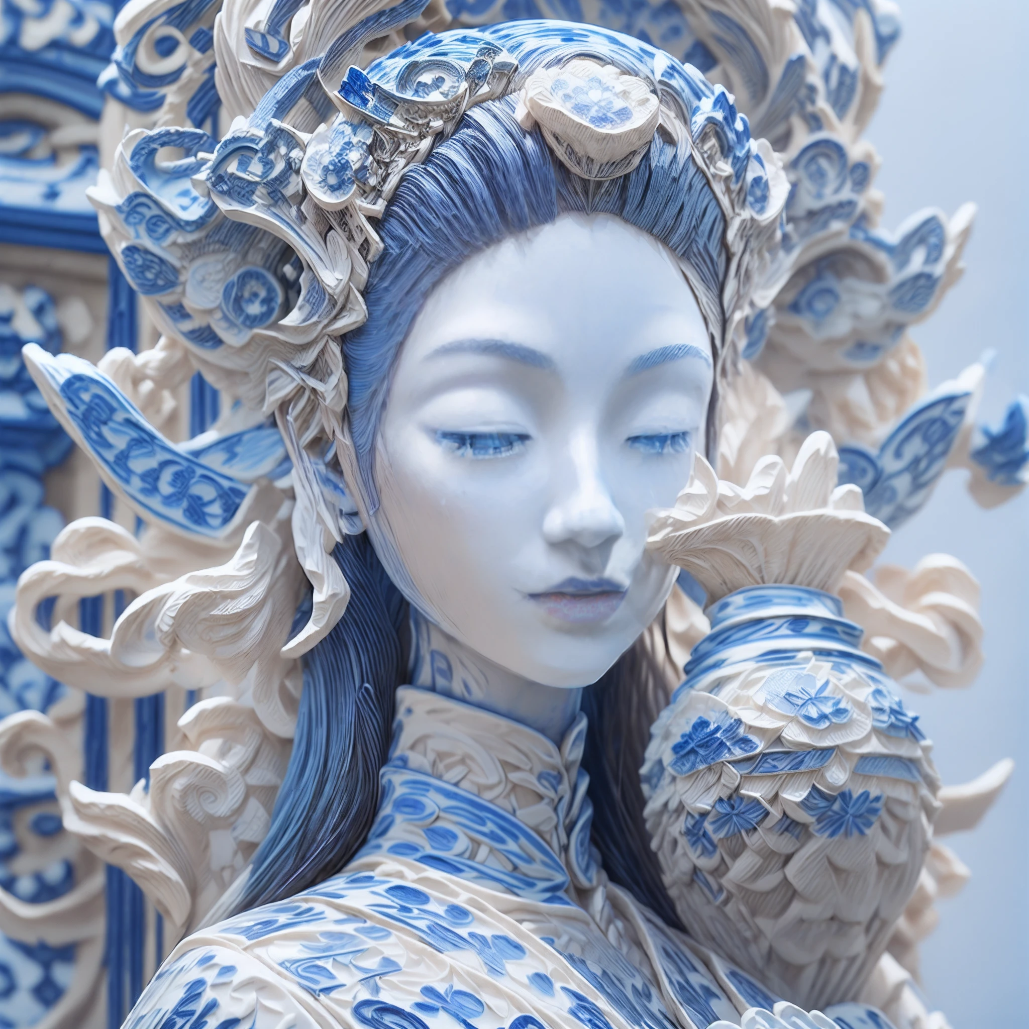 Chinese ceramic art,Collection of China Qi Hunnan Porcelain Company,Rendered in cinema4D style,(A figure sculpture artwork made of blue and white porcelain:1.9),semi transparent,solidcolor,Kang Shi Erze,Authentic details,Meticulous craftsmanship
