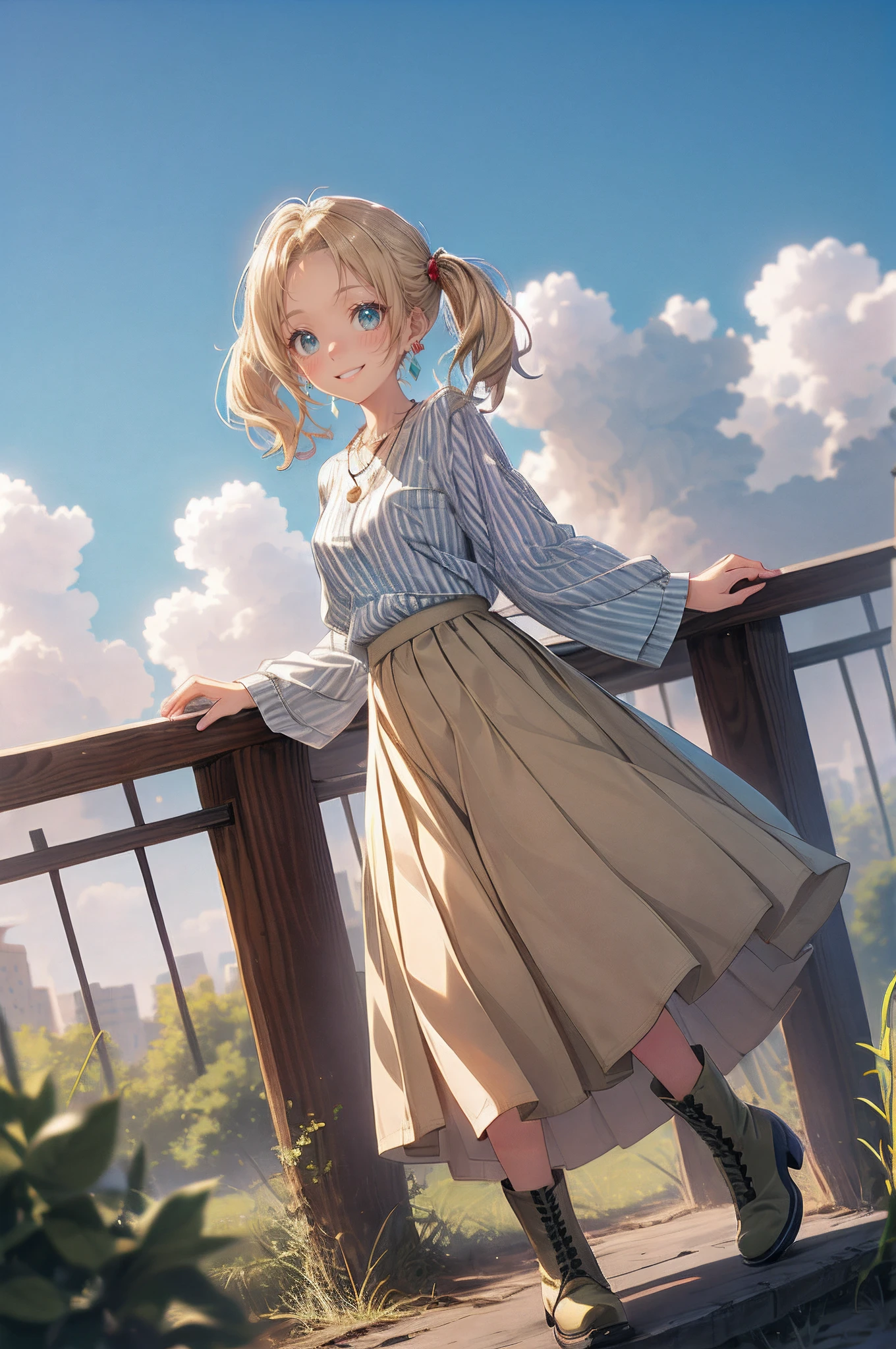 absurderes, ultra-detailliert,bright colour, extremely beautiful detailed anime face and eyes, view straight on, ;D, shiny_skin,25 years old, Short hair, (Forehead:1.3), Blonde hair with short twin tails, Shiny hair, Delicate beautiful face, red blush、(cyan eyes:1.2), White skin, hair clips, earrings, a necklace, 
(White horizontal striped shirt:1.5),(Happy smile:1.4),(Khaki Long Skirt:1.3),Beautiful cloud,(Black boots),Dusk sky,Full body