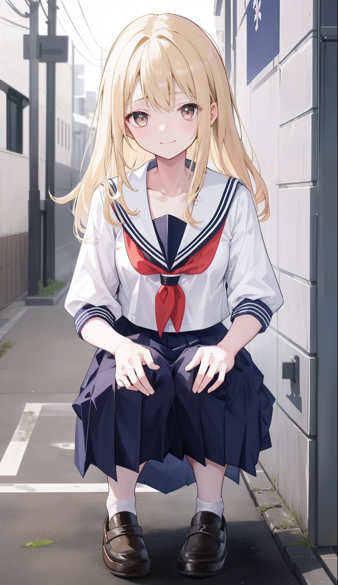 1girl in、A smile、The shirt、skirt by the、(small tits)Chilarism、Japan High School Student Uniform、serafuku、summer clothing、Squall Drenched Uniform、(Sheer Bra)、Upper body portrait、blonde hair、Squatting panchira、