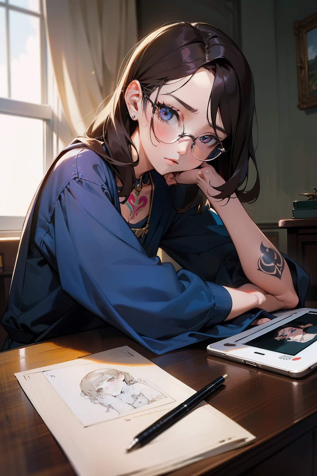 tmasterpiece,Need,The best beautiful girl,Intellectual,Extremely beautiful,World Masterpiece Theatre,super-fine,Need,Need,brunette color hair,A high resolution,Need,1girll,Need,illustratio,looking at viewert,Small tattoos on the hands,Uninhibited,sobu,desks,iPad,canvas, oil painted, Photorealsitic, Realist,Real,