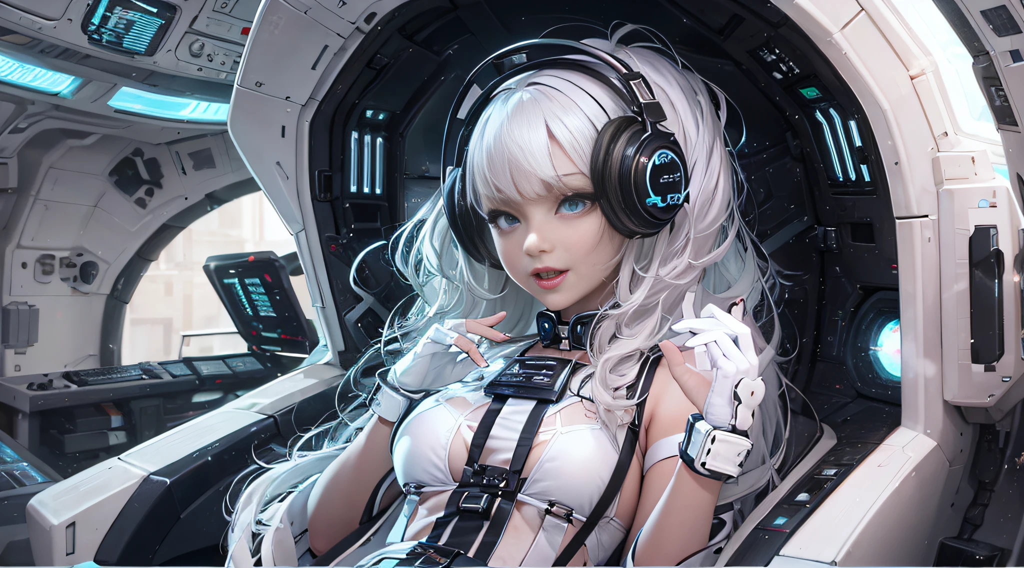 Enchanted woman happy to raise her hand Perfect beauty Beautiful white skin beautidful eyes Lustrous lips Lovely smile Straight white hair amazing tattoos all over the body, Lollipop costume designed in white and black Functional head phone Spaceship ship