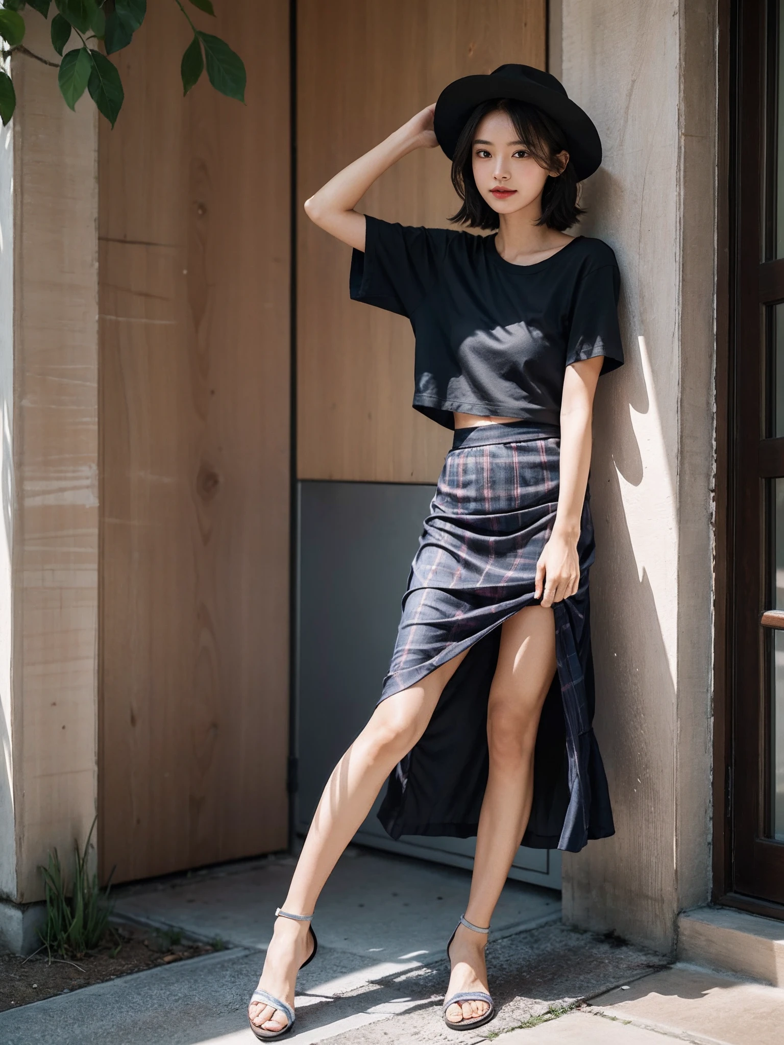 ((smallunderboob,Tomboyish,small heads)), (Well-defined abs: 1.1), (perfect bodies: 1.1), (short-length straighthair: 1.2), Black hair, upper body photos, attractive collarbone，（极其细致的CG 8k壁纸），（Extremely refined and beautiful），（tmasterpiece），（best qualtiy：1.0），（超高分辨率：1.0），beautiful light up，Perfect lightning，realistic shaded，[A high resolution]，Smooth and flawless fair skin，ultra - detailed ，Elongated legs，flatchest，Slim，emaciated，ssmile，cheerfulness，Pink fisherman hat，Black short-sleeved T-shirt，（The length of the dark blue checked long skirt reaches the foot：1.5），White sandals，夏天，eventide，A sea of people，at the doorstep of a school，Outside the walls，are standing，outside，Tree-lined roadsides，Cup of coffee in hand