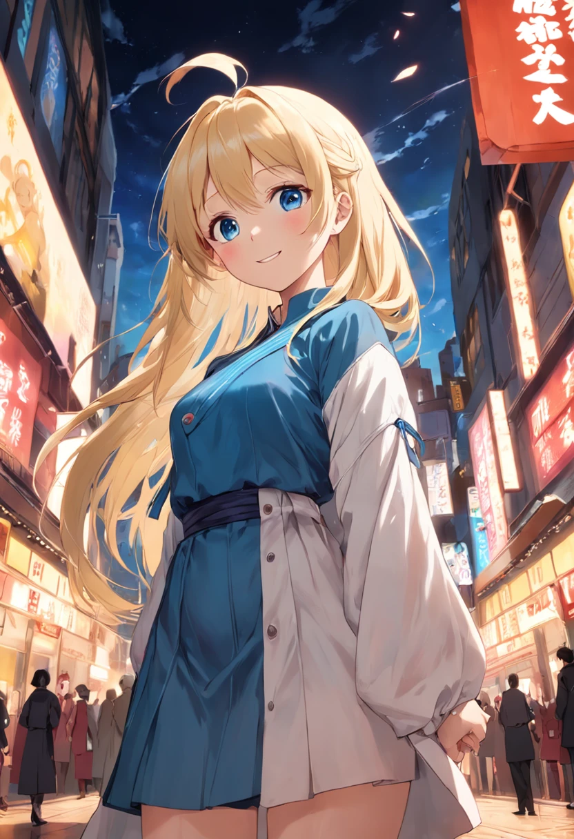 blonde with blue eyes,Lazy expression,JK Campus,Charming smile,Tall and tall,mature,Beautiful breasts
