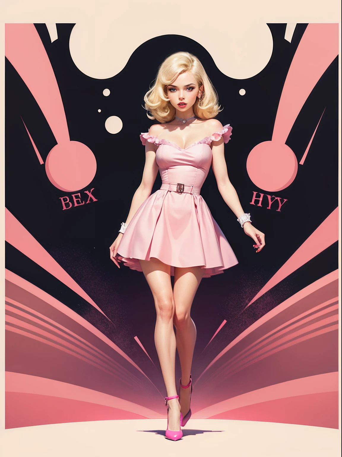 Sexy full body girl, Pink pink dress, There is brightness, Blonde hair, striking appearance, 50s cartoon style, Vector Image, without background, Clip art style