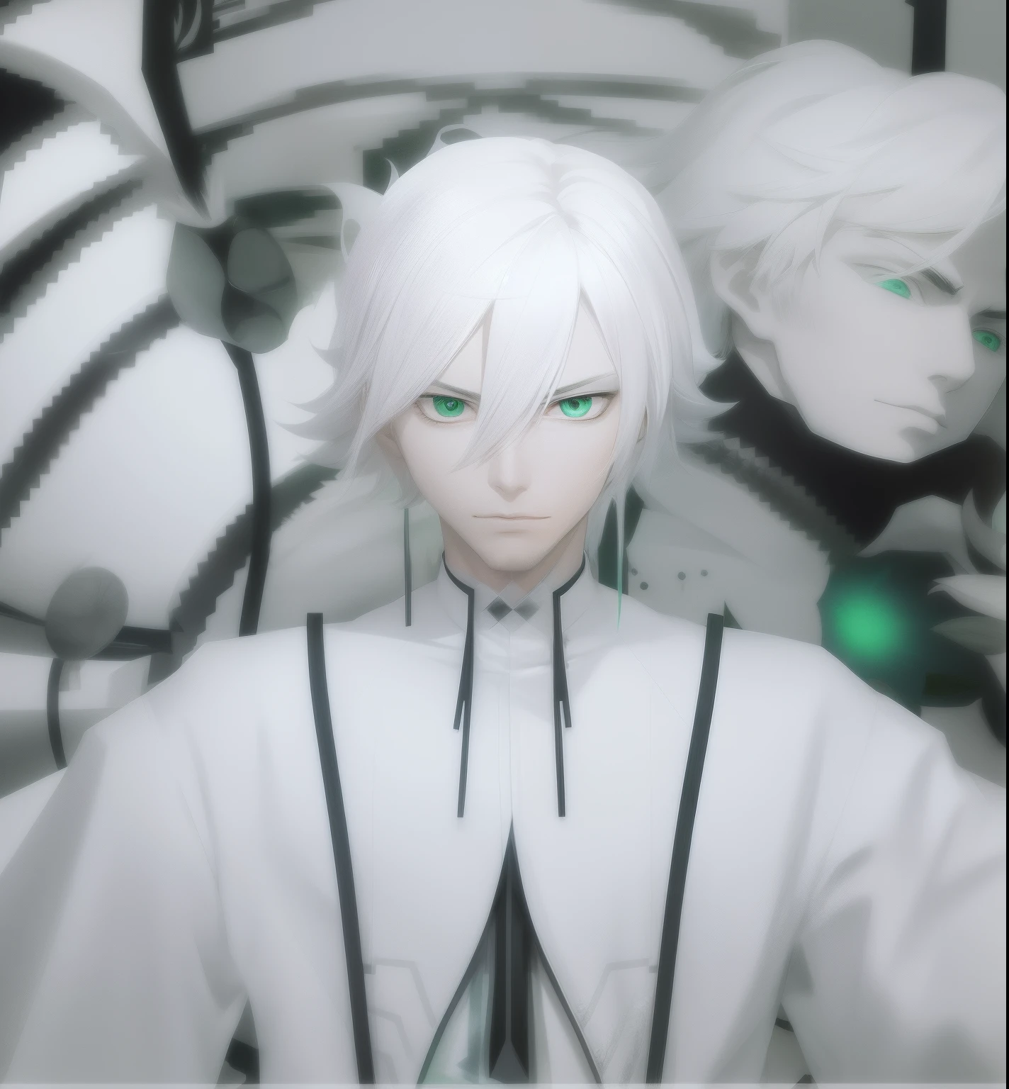 Anime - a stylistic image of a man with white hair and green eyes