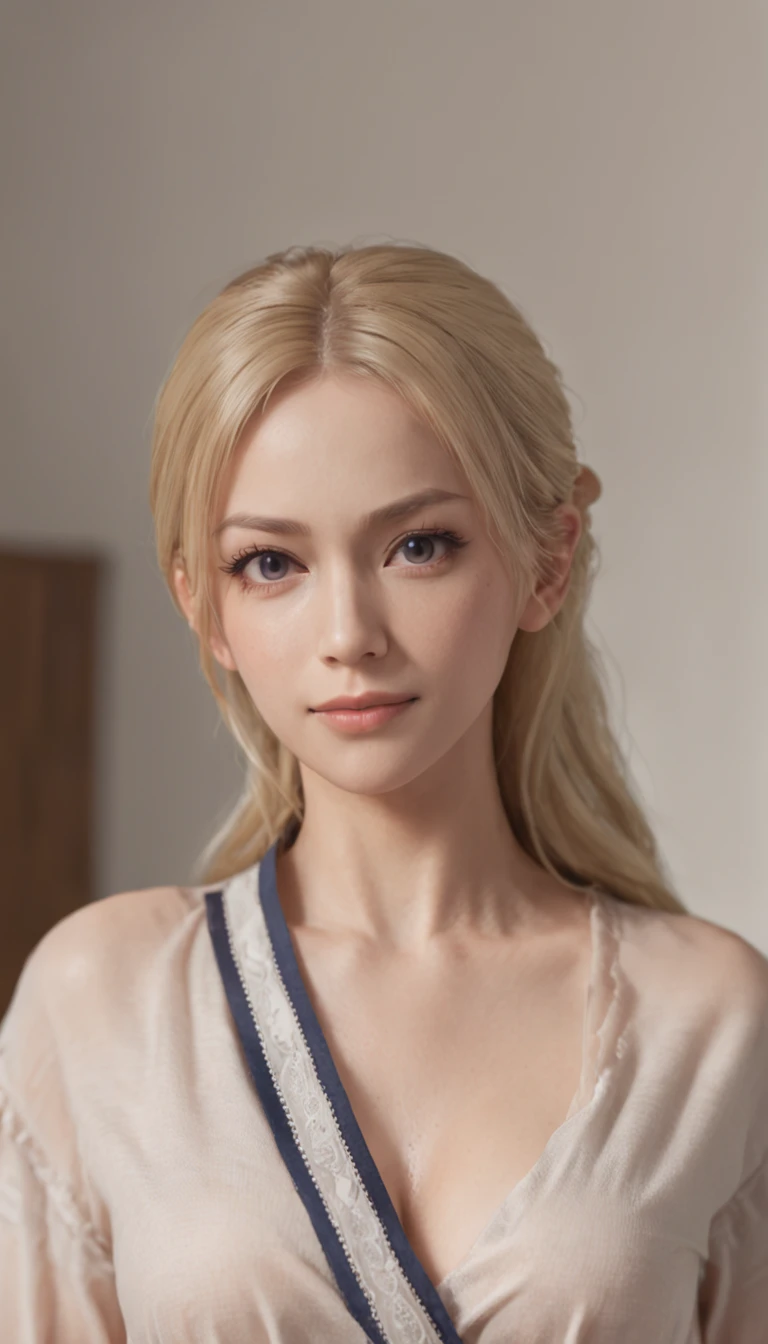 historia from the anime Shingeki no Kyojin, shoulder length hair, blonde hair, ponytail, ponytail, beautiful, beautiful woman, perfect body, perfect breasts, wearing navy pajamas, pajamas, sleepwear, in the kitchen, clear kitchen, looking at the viewer, slightly smile, realism, masterpiece, textured skin, super detailed, high detail, high quality, best quality, 1080p, 16k