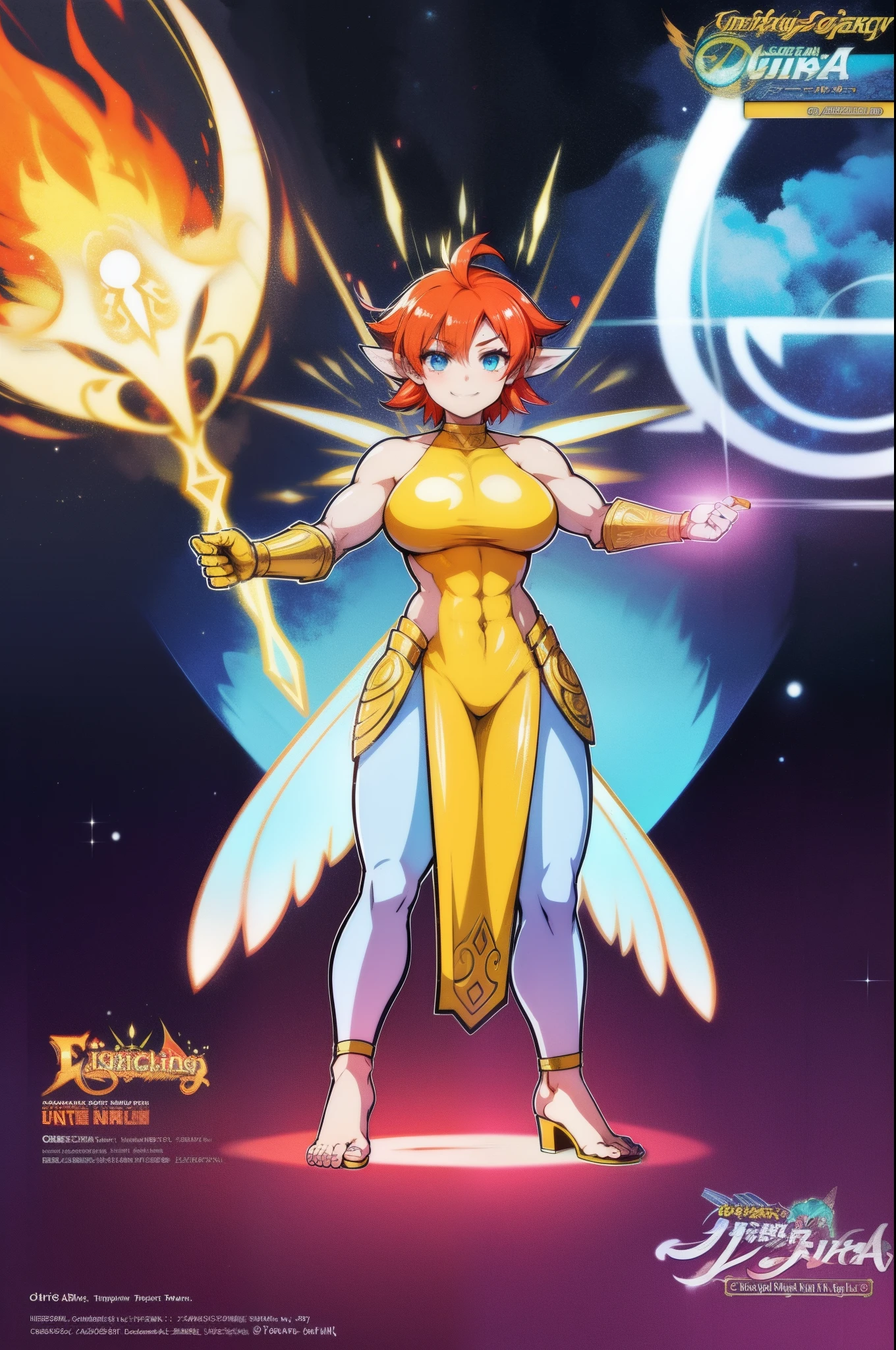 Aur-Urah, the Light Fairy, fire hair, aura, muscular female, light body, full body, pants, armor, pullover, gloves, full clothed, solo focus, huge breast, crazy smile,