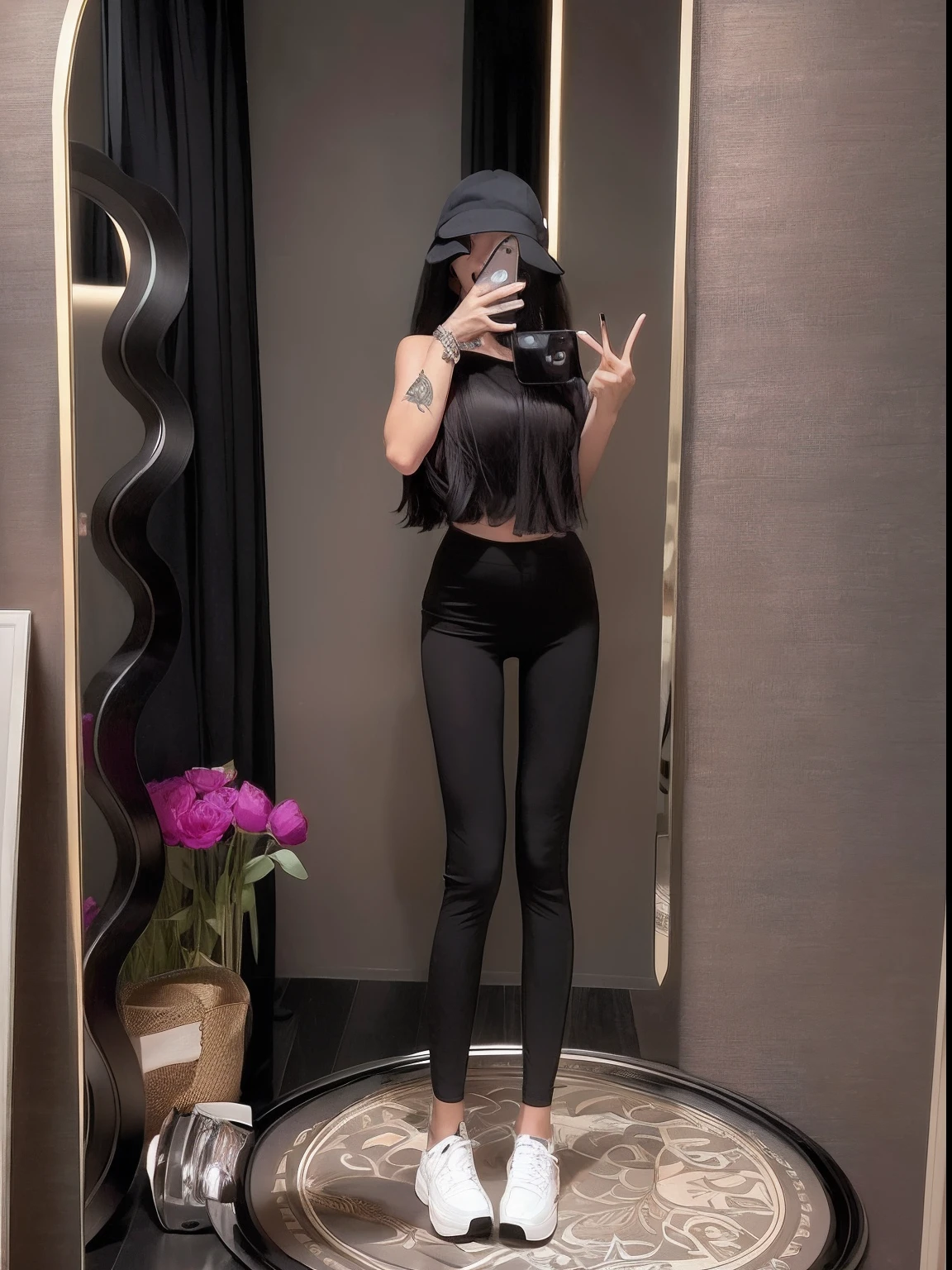 there is a woman that is taking a selfie in a mirror, photo of slim girl, wearing tight simple clothes, skinny waist and thick hips, photo of slim girl model, big breasts thin waist, Wearing black-gray tight clothing, Full body picture, Thin waist, Slender waist, Leggings, slender symmetrical body, full extremely slim body, tight costume, Casual clothes